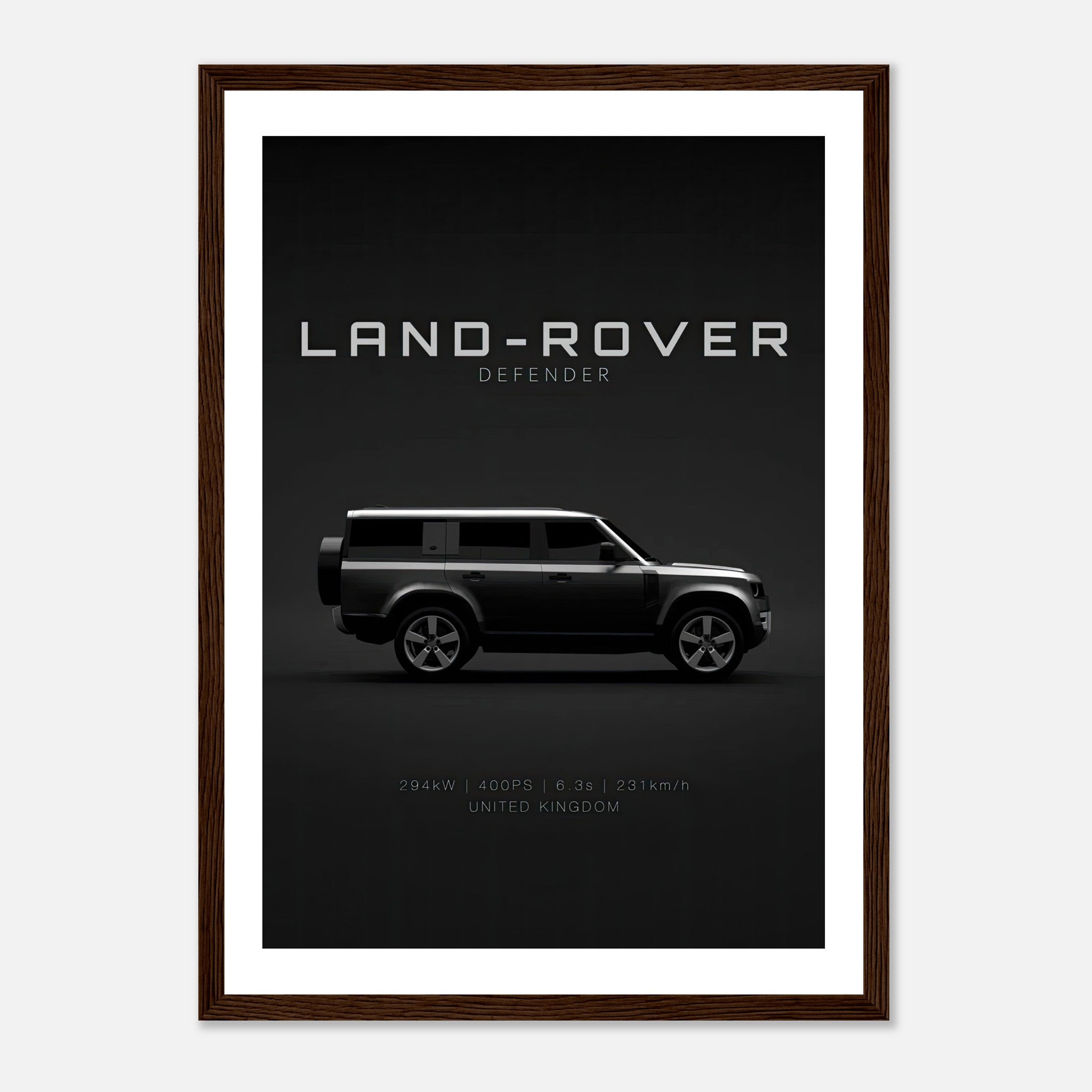 Framed print of a Land Rover Defender showcasing its sleek side profile and minimalist design.