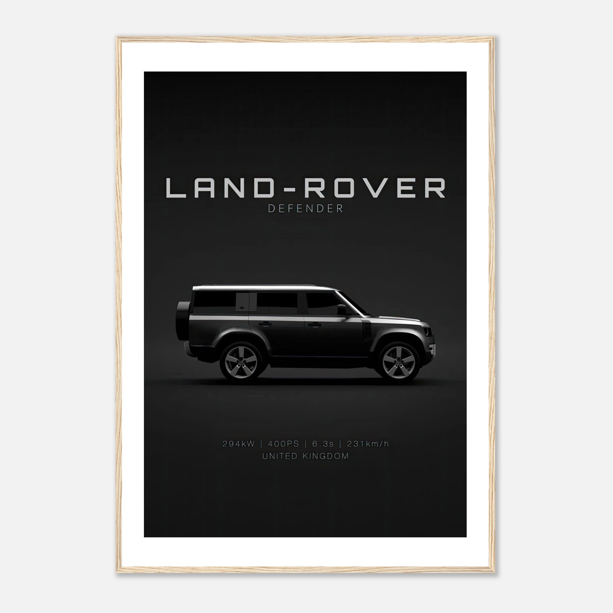 Framed print of Land Rover Defender, showcasing its iconic side profile and minimalist design.
