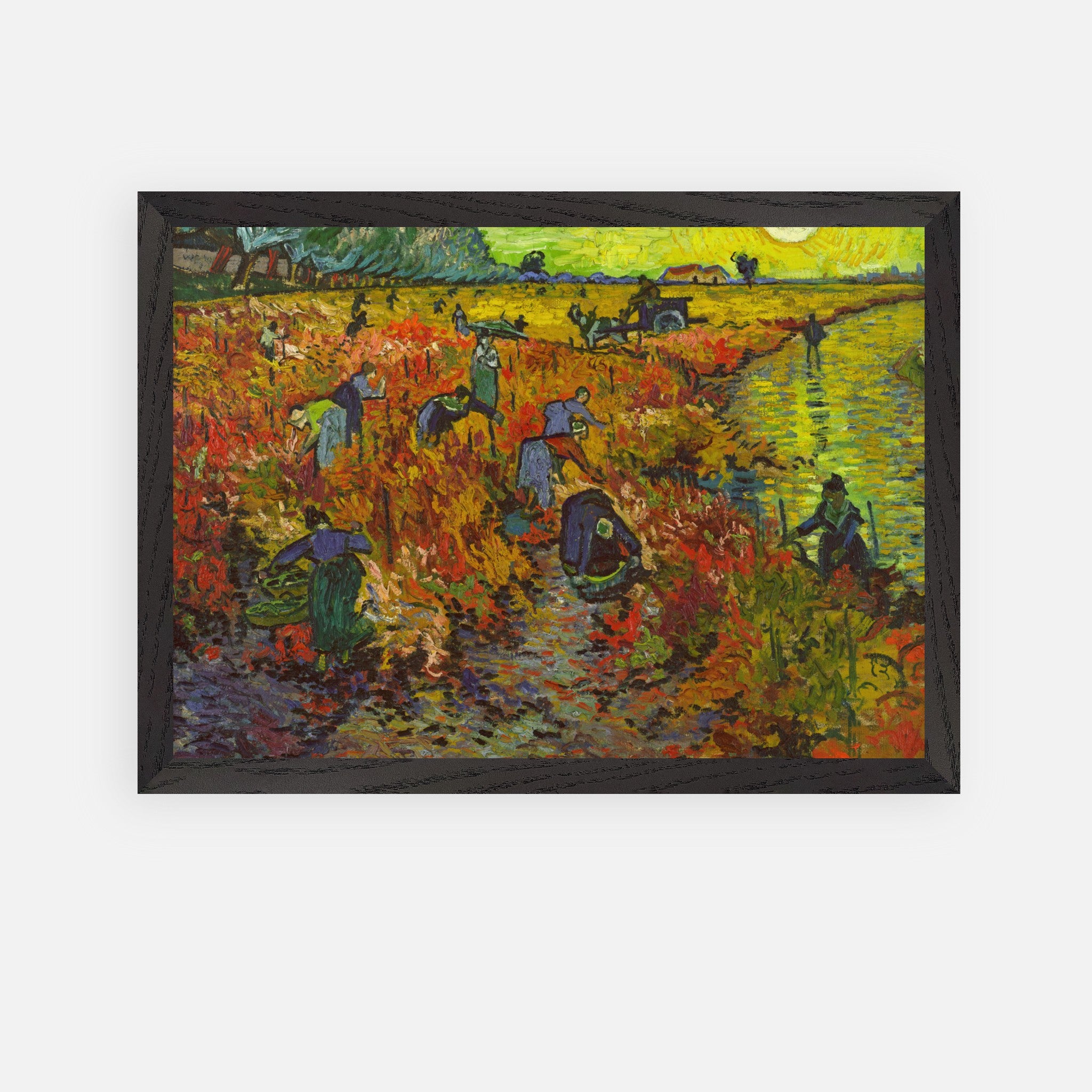 The Red Vineyard by Van Gogh: Vintage framed art depicting grape harvesters in vibrant autumn colors.