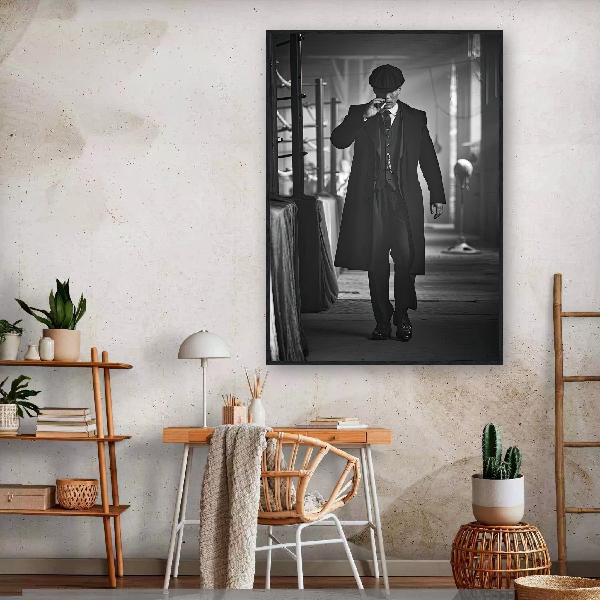 Tommy Shelby framed print from Peaky Blinders, showcasing 1920s style in a stylish interior setting.