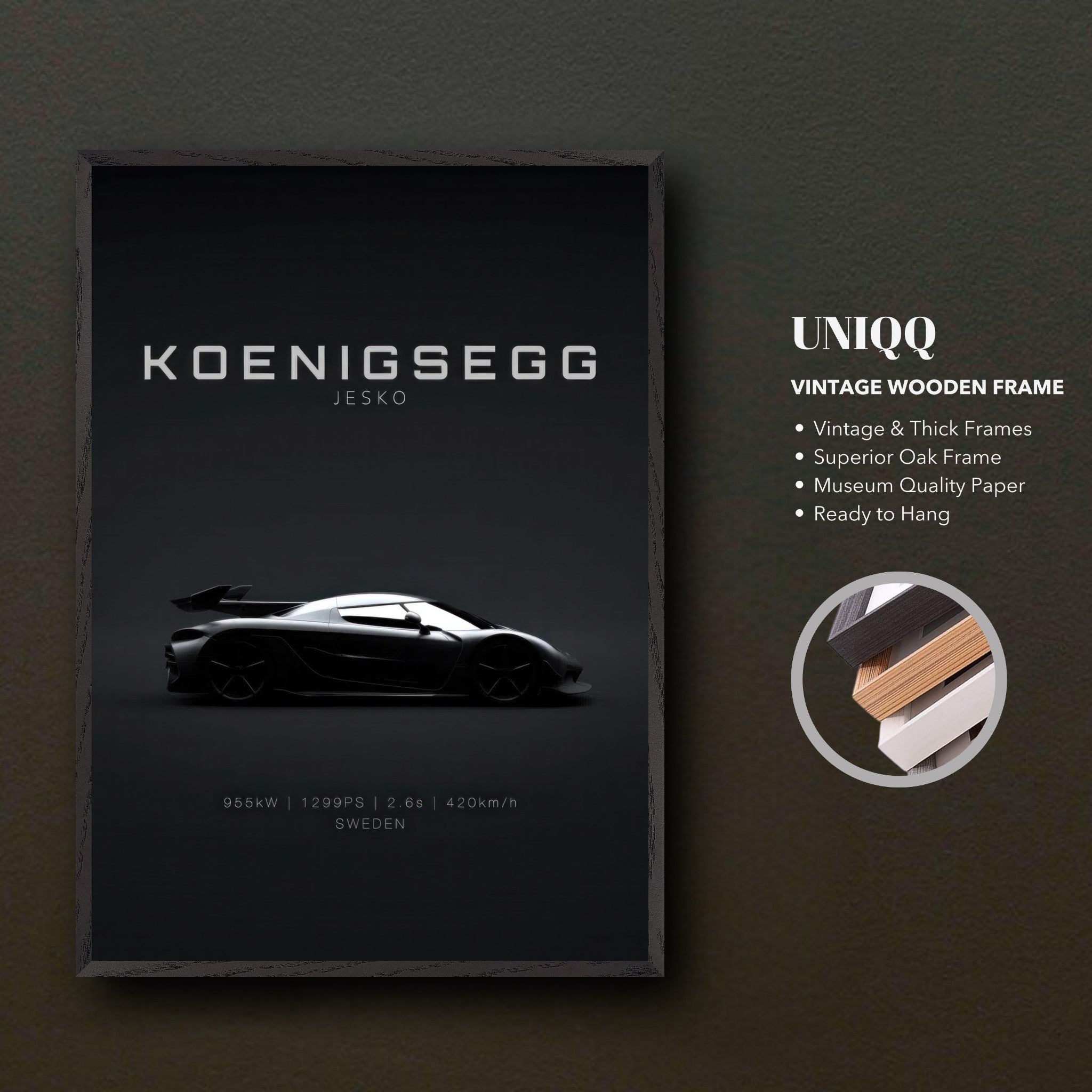 Koenigsegg Jesko vintage framed art showcasing sleek hypercar design on minimalist background.