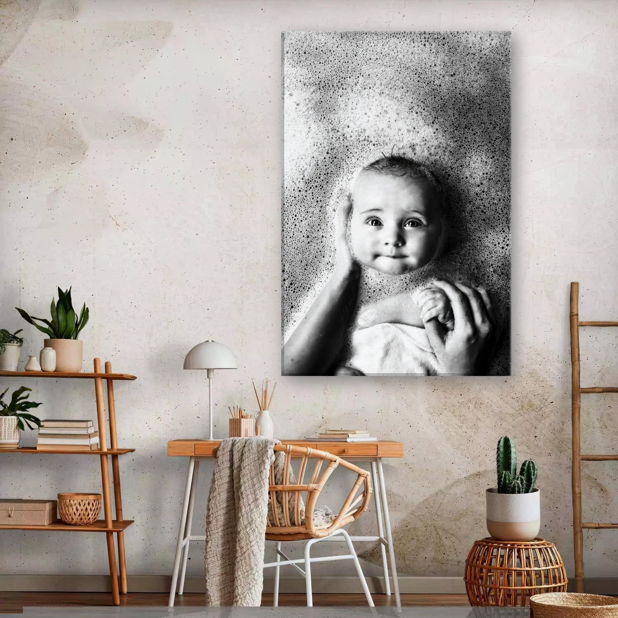 Adorable baby bath photography canvas print showcasing a smiling baby surrounded by bubbles in a cozy interior setting.