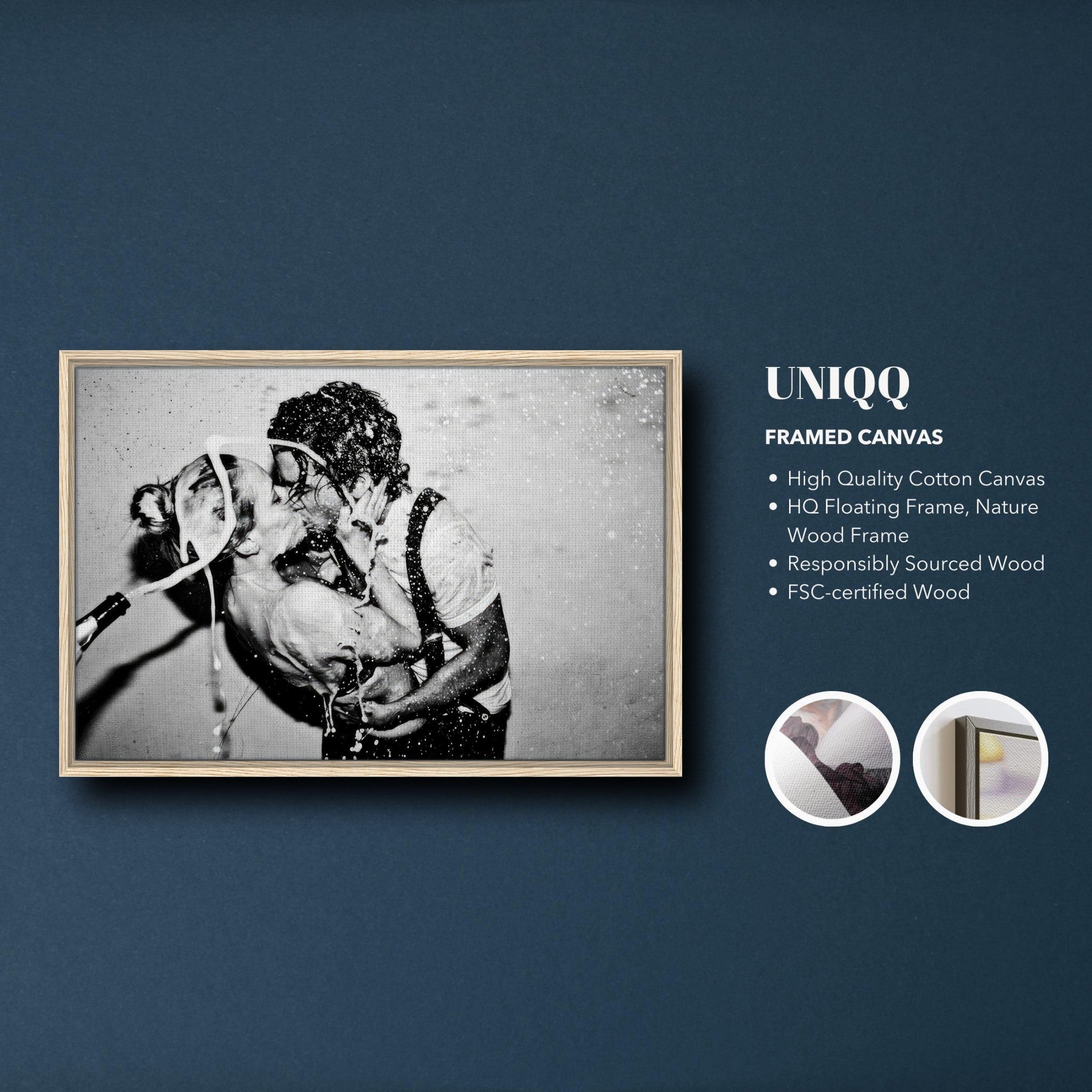 Framed canvas print of Johnny Depp and Kate Moss in The Champagne Kiss, showcasing iconic romance and luxury.
