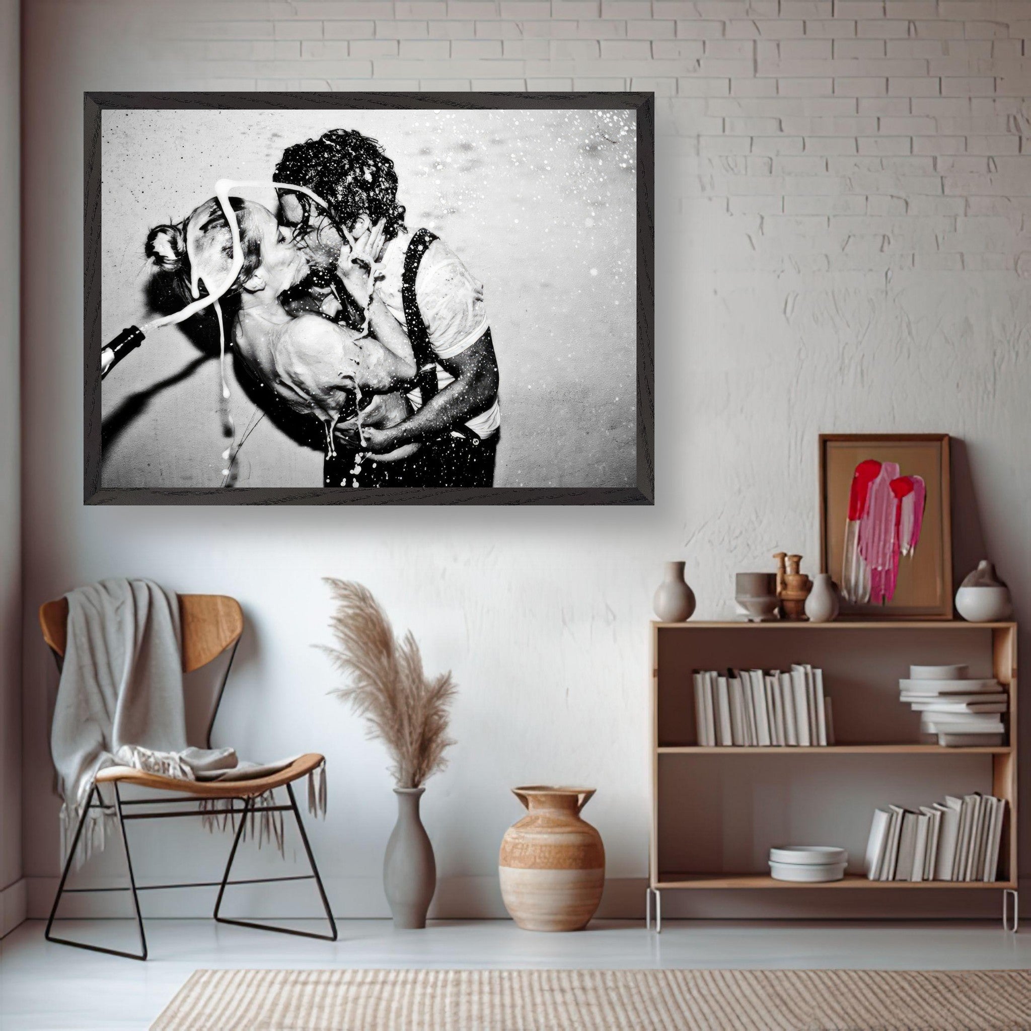 Black and white fine art print of Johnny Depp and Kate Moss kissing, titled 'The Champagne Kiss'.
