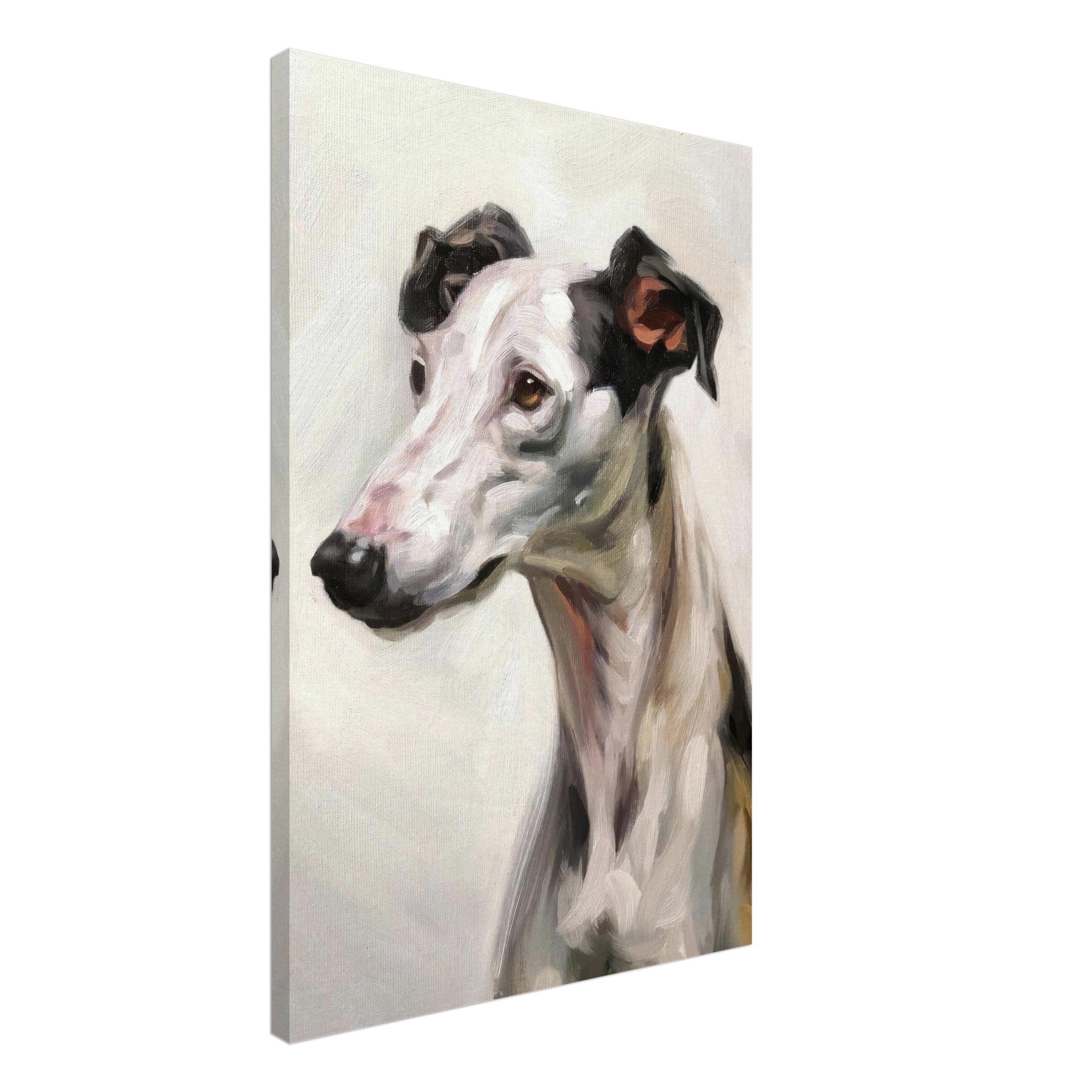 Elegant Greyhound dog painting on canvas print, showcasing detailed portrait and muted colors.