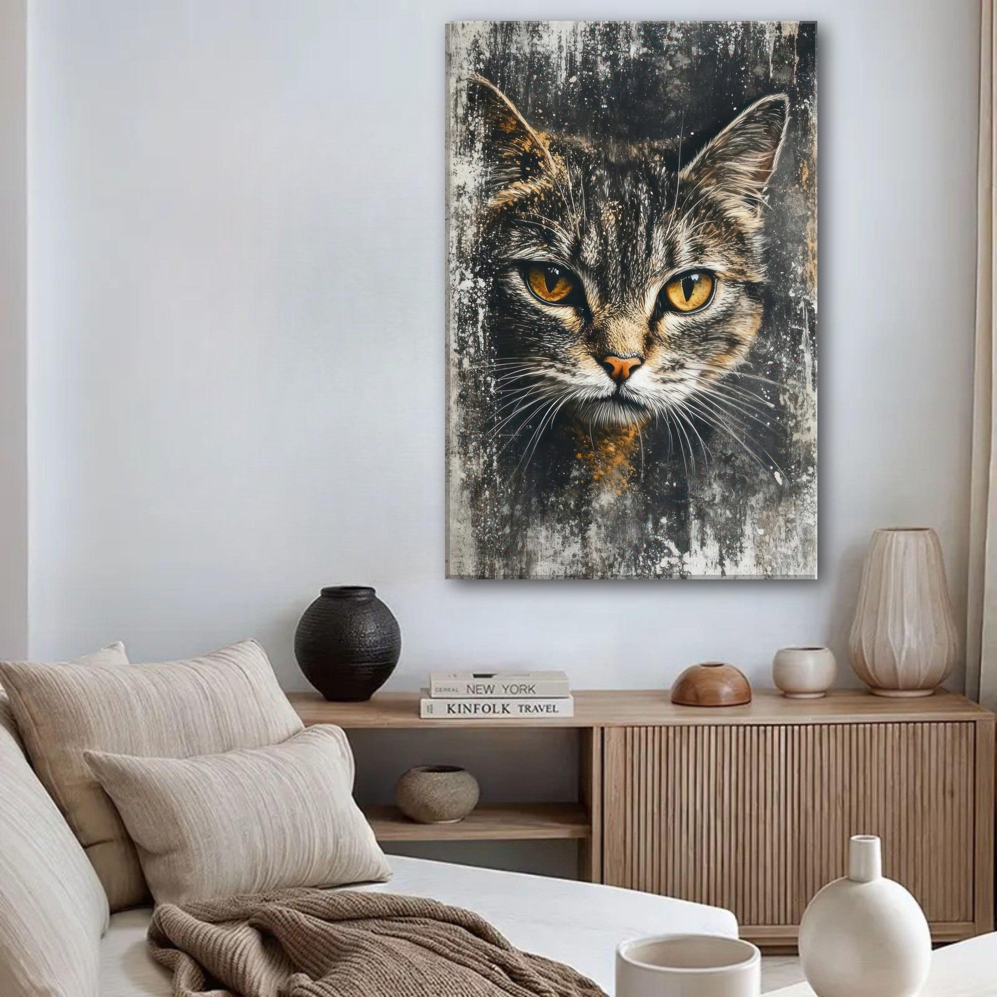 Close-up of a cat with golden eyes on canvas print, enhancing home decor with elegance and sophistication.