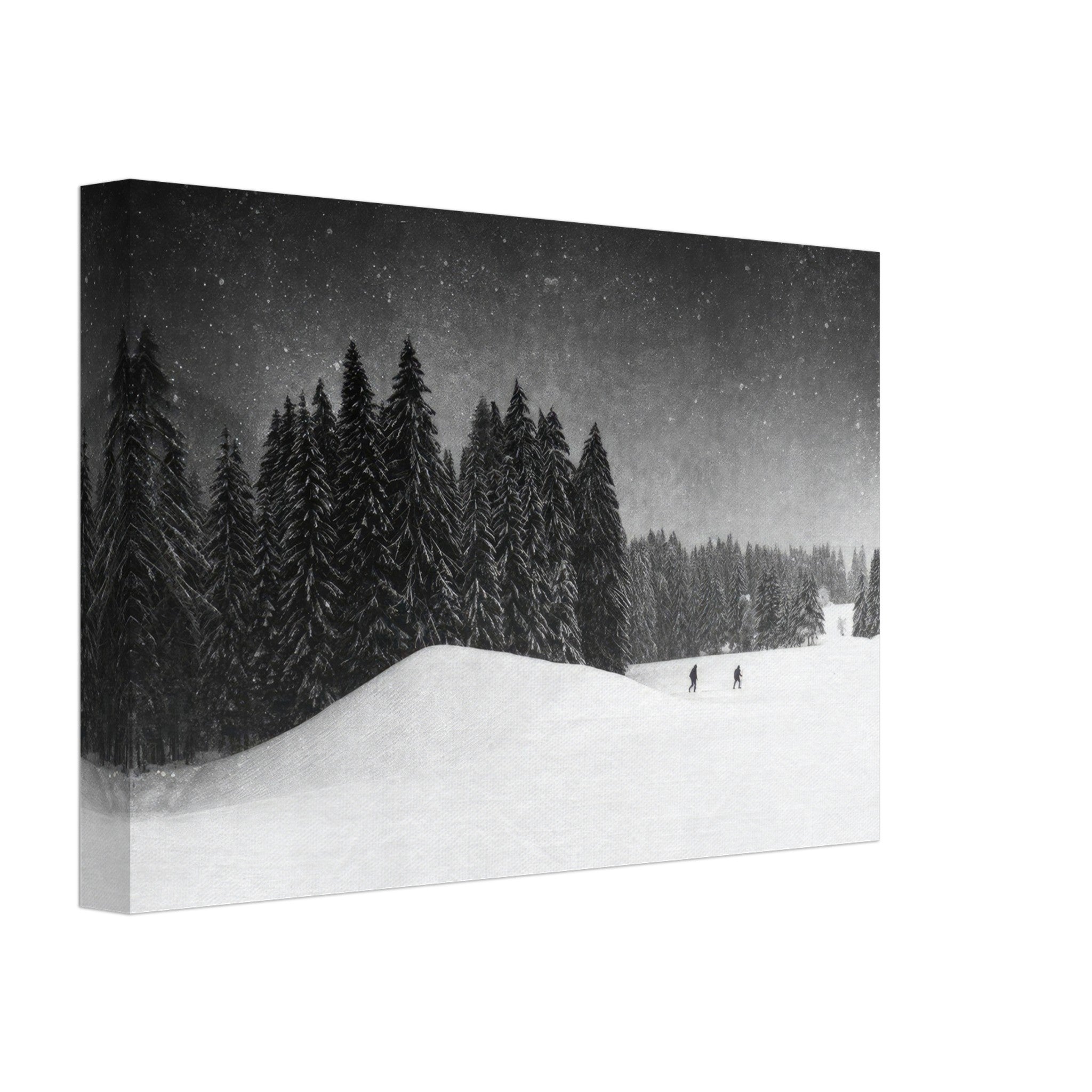 Winter Crossing Canvas featuring a serene snow-draped forest with tall evergreens and distant figures.