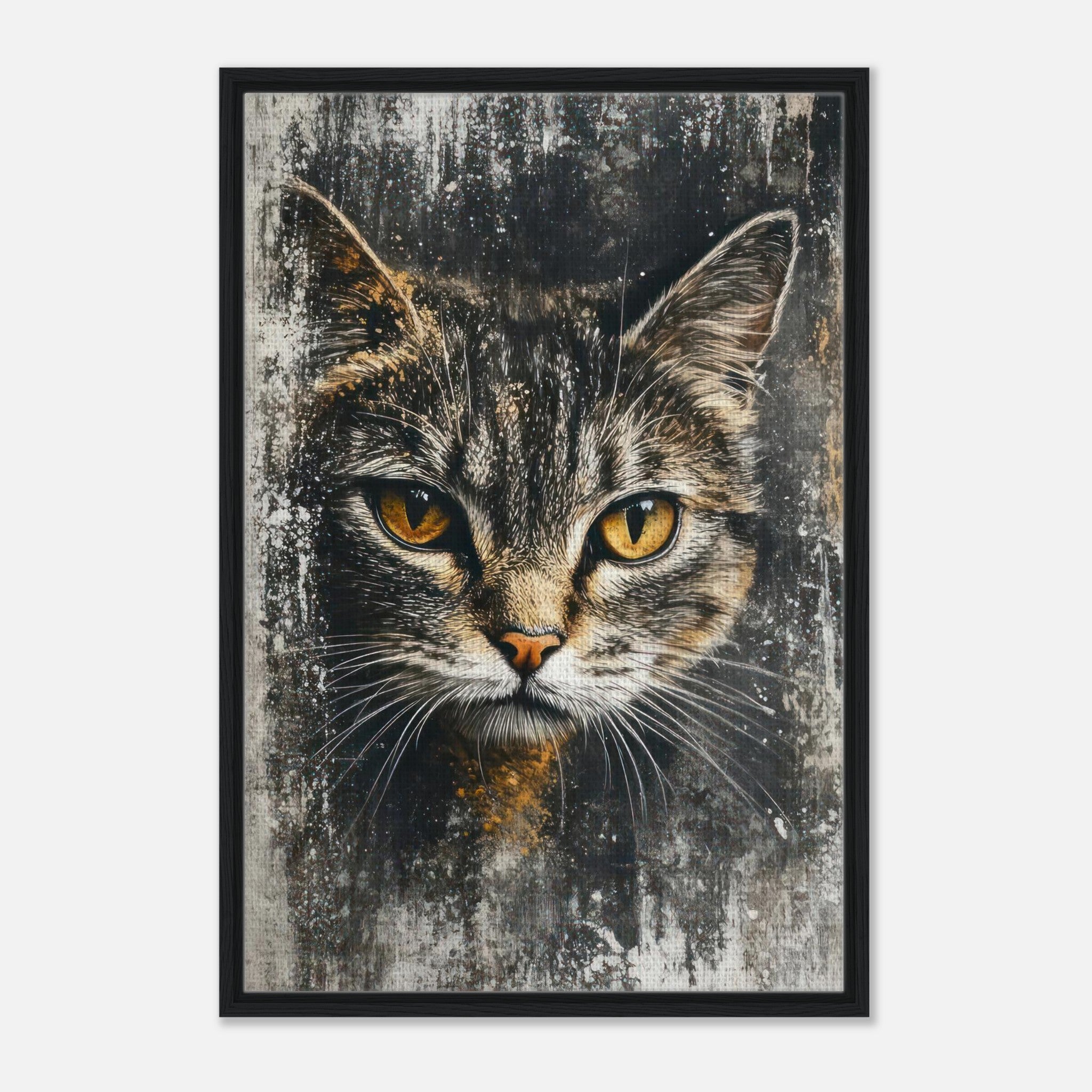Close-up cat painting framed canvas print showcasing a feline's intense gaze and rich textures.