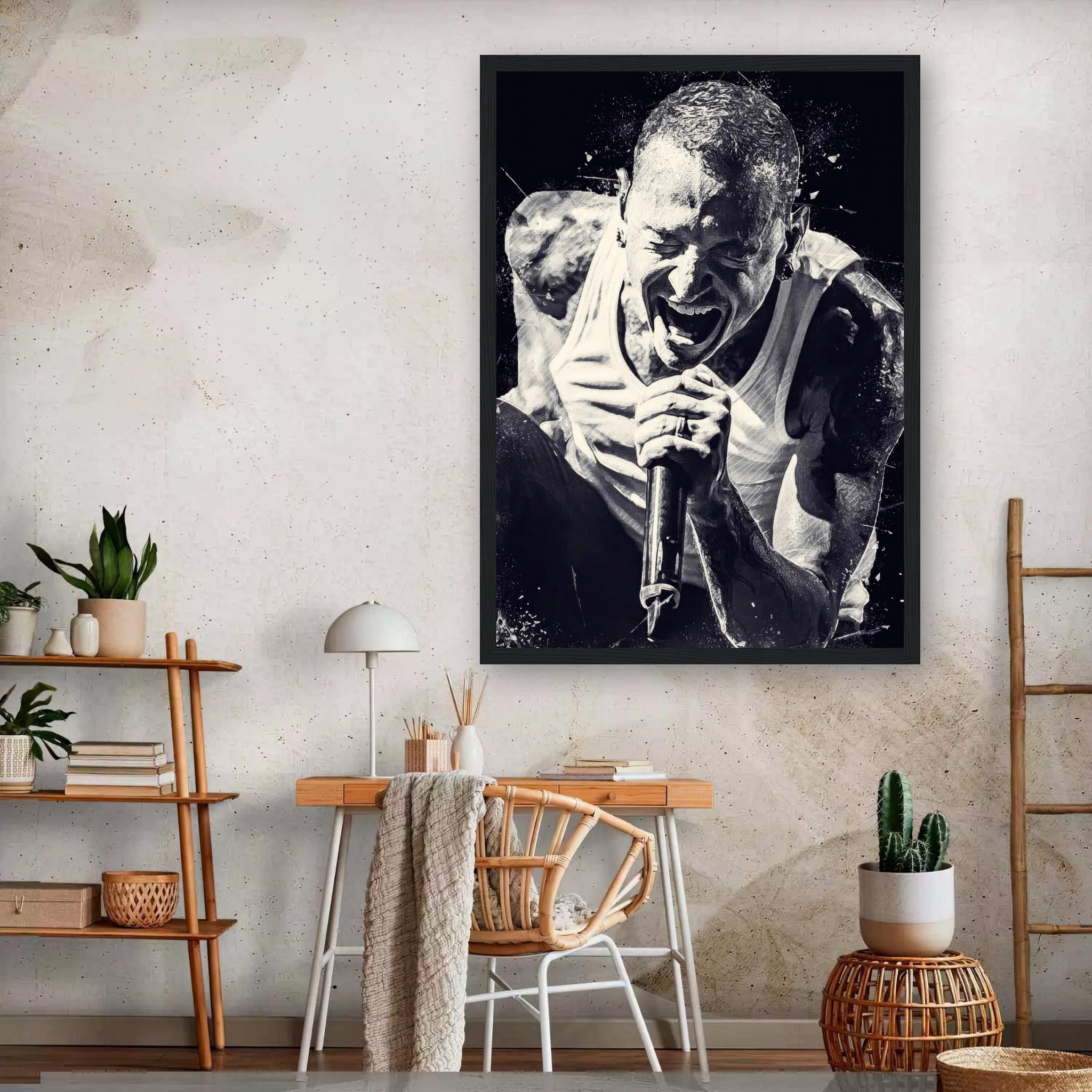 Chester Bennington framed print poster featuring dynamic black-and-white artwork of his powerful stage presence.
