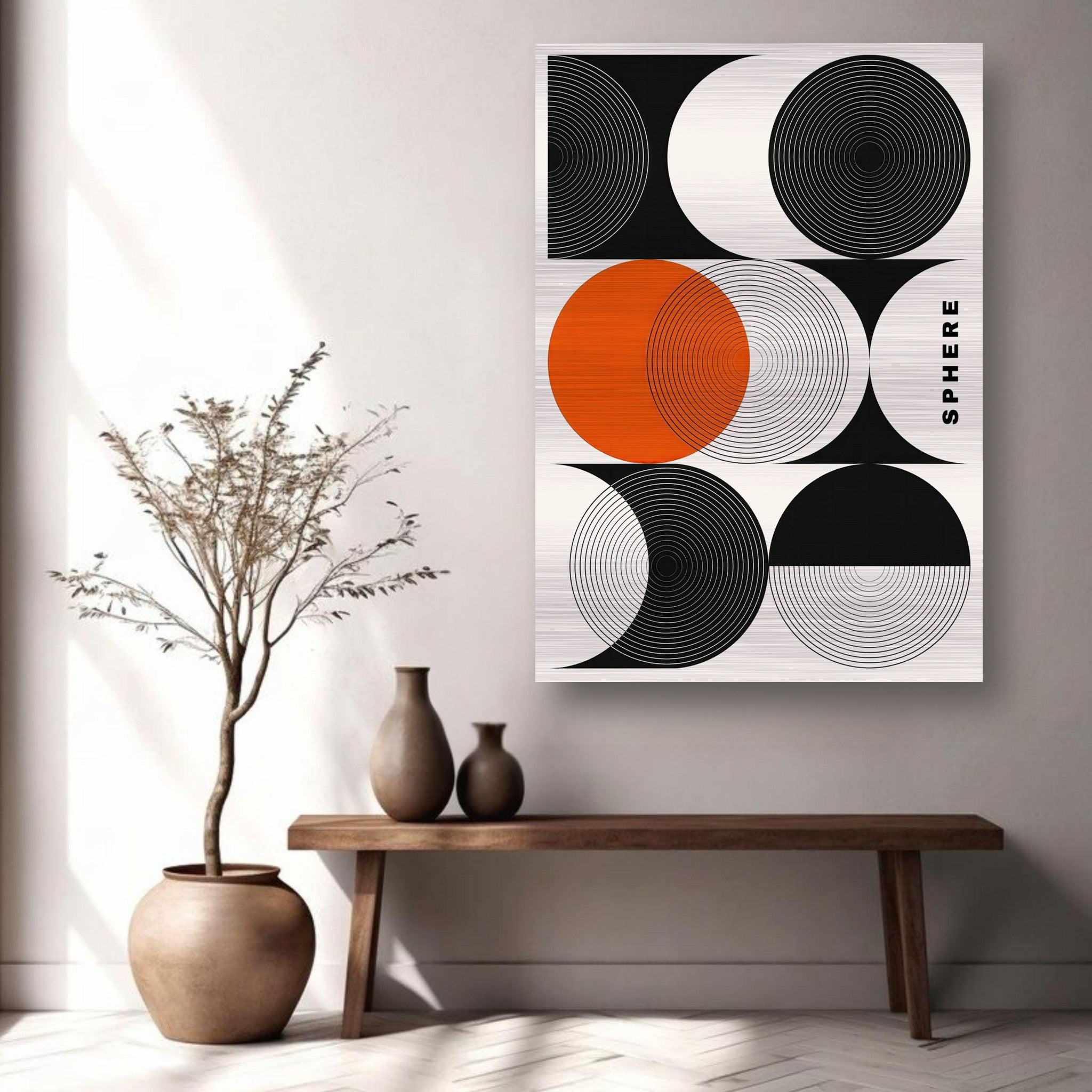 Abstract Geometric Sphere Art featuring black, white, and orange circular patterns in a modern interior setting.