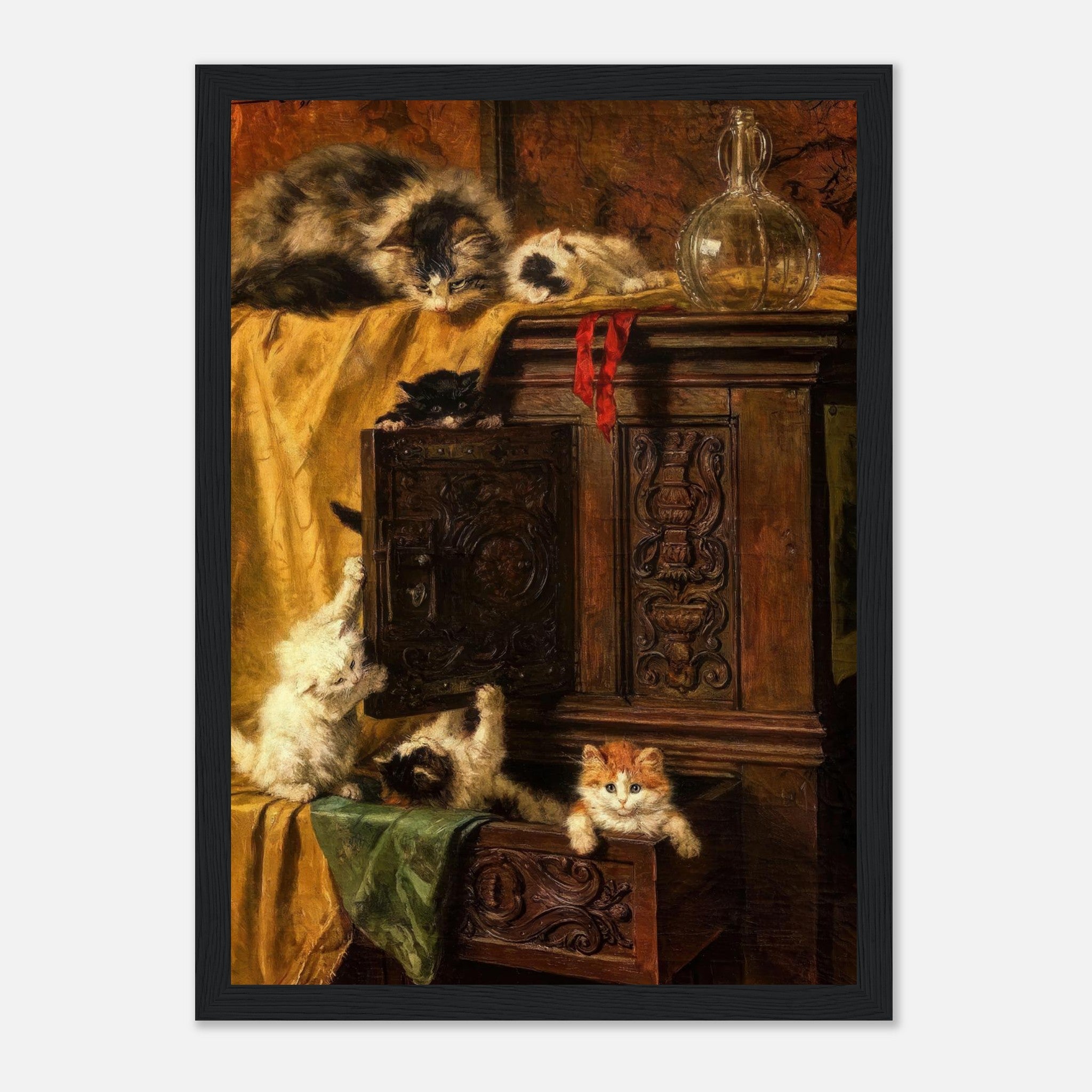 Vintage cat painting framed print featuring playful kittens by antique cabinet.