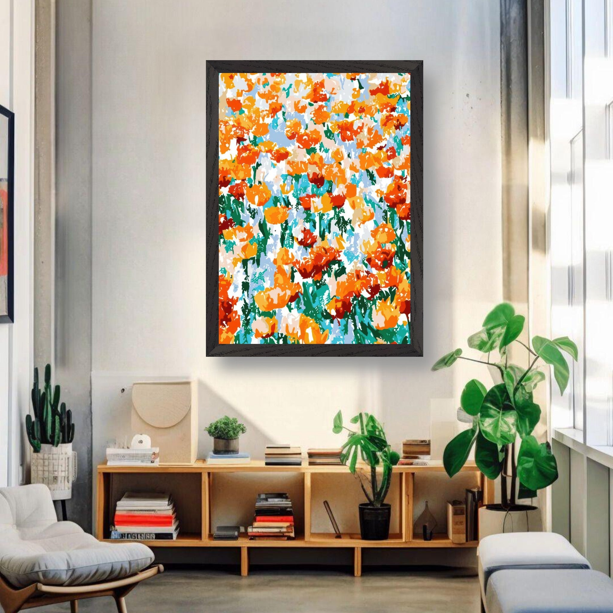 Abstract Floral Tulip Garden vintage framed print in a modern living room setting, featuring vibrant orange and yellow tulips.