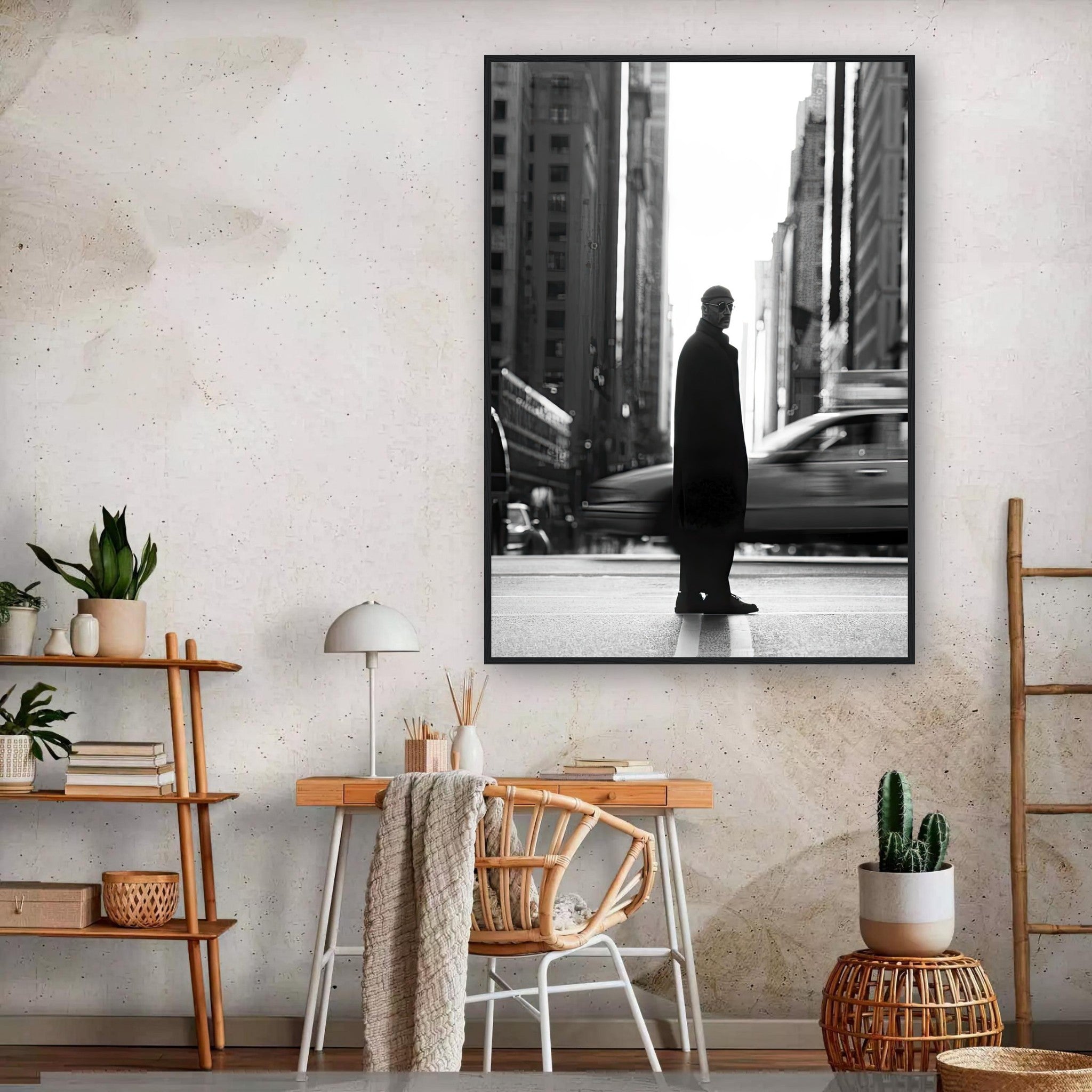 Framed print of Jean Reno as Leon standing in New York's streets, capturing urban sophistication in black-and-white.