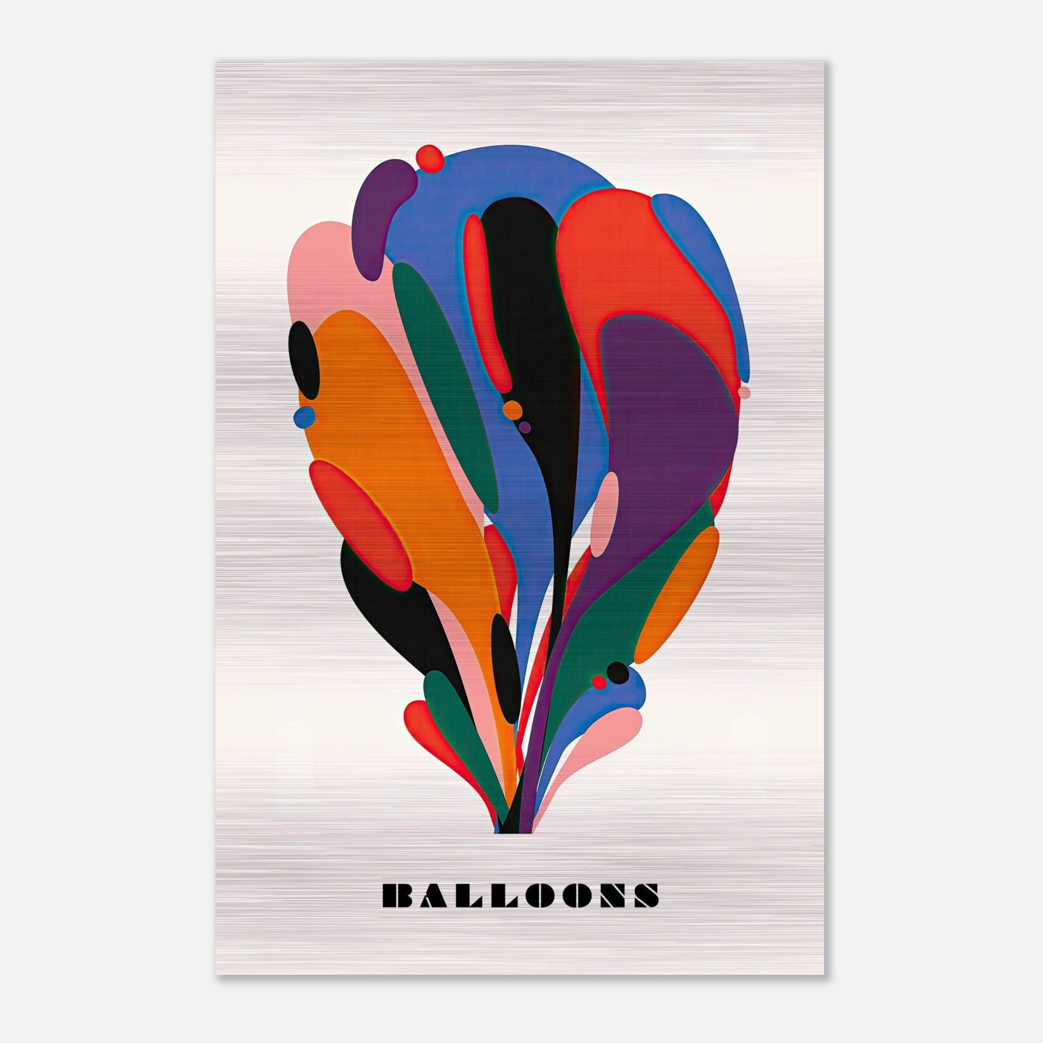 Abstract Balloon Art featuring vibrant colors and fluid shapes on a brushed metal background.