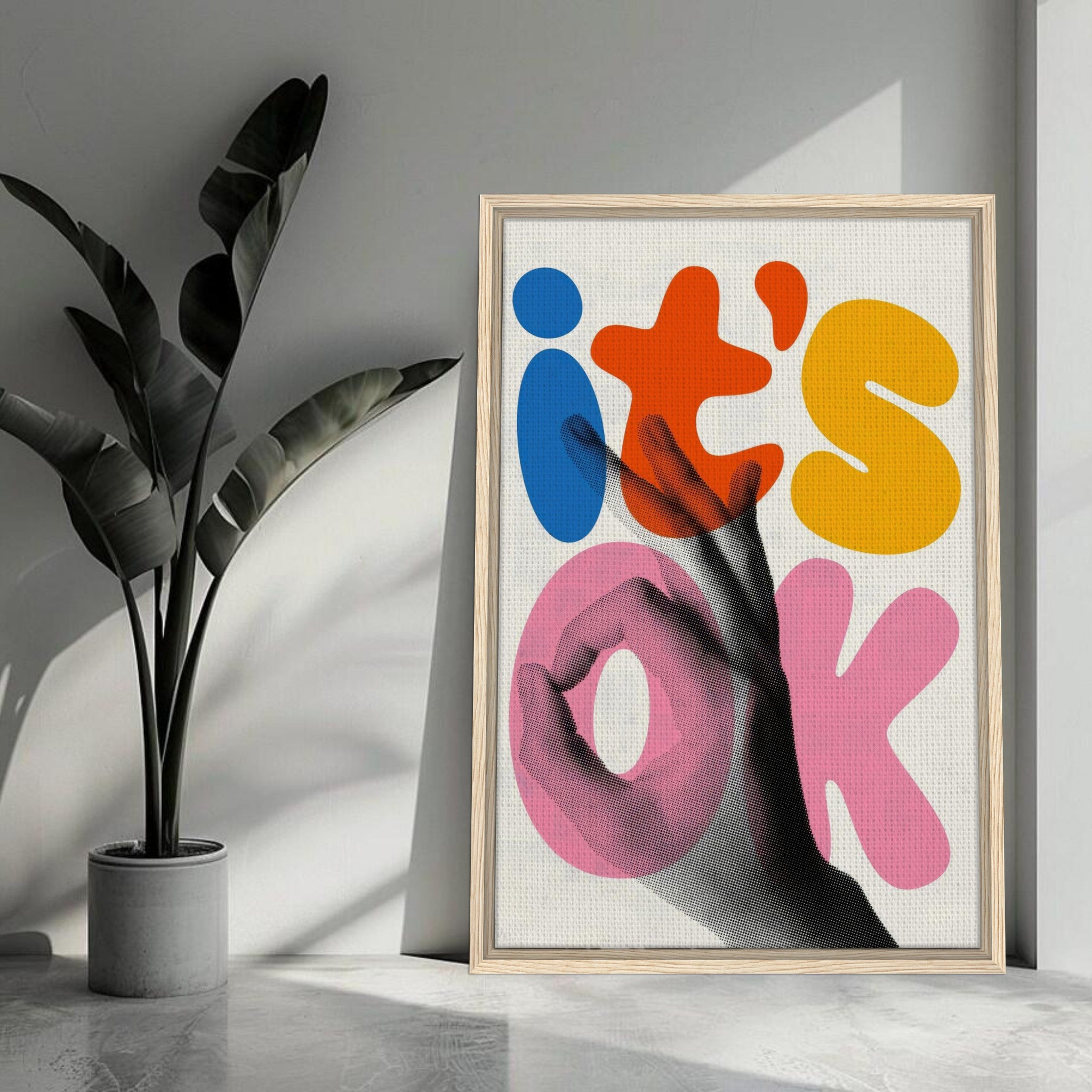 Retro abstract pop art framed canvas print with vibrant colors and hand gesture saying 'it's OK'.
