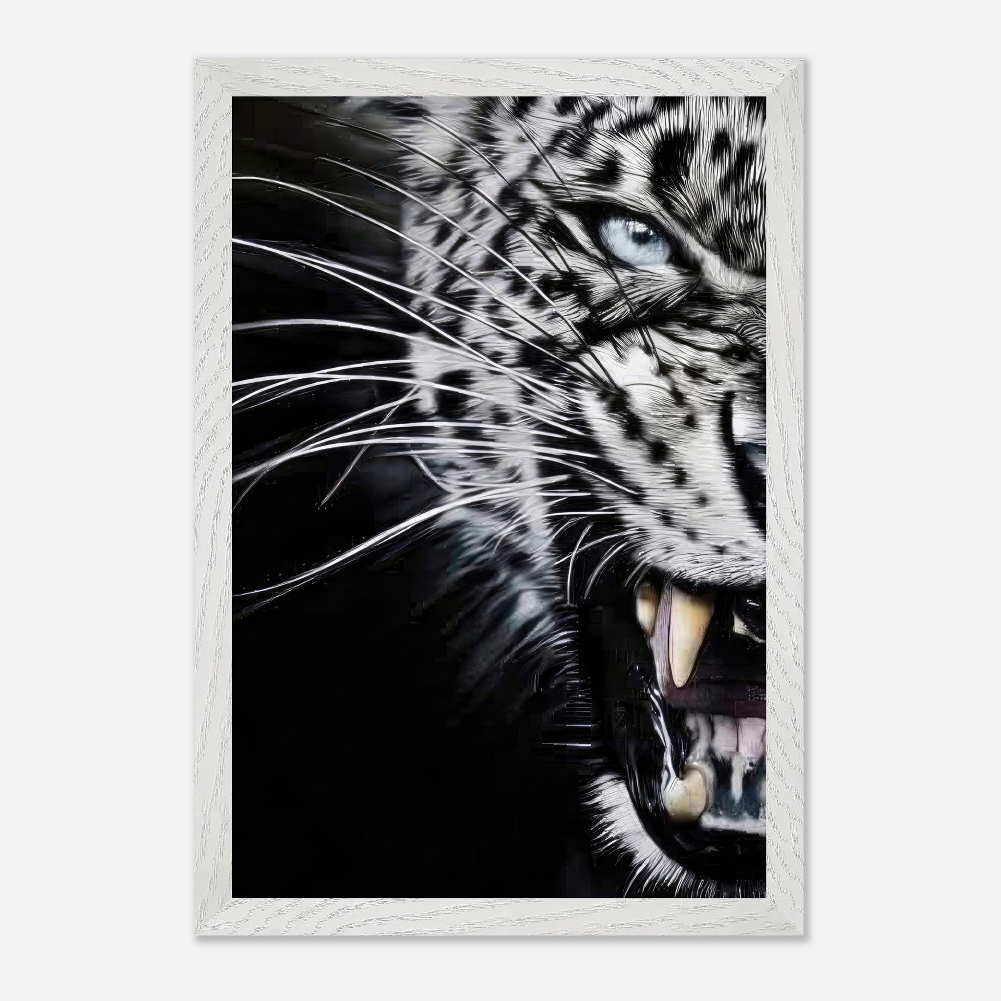 Leopard close-up portrait showcasing fierce expression and intricate fur details in dramatic black and white.
