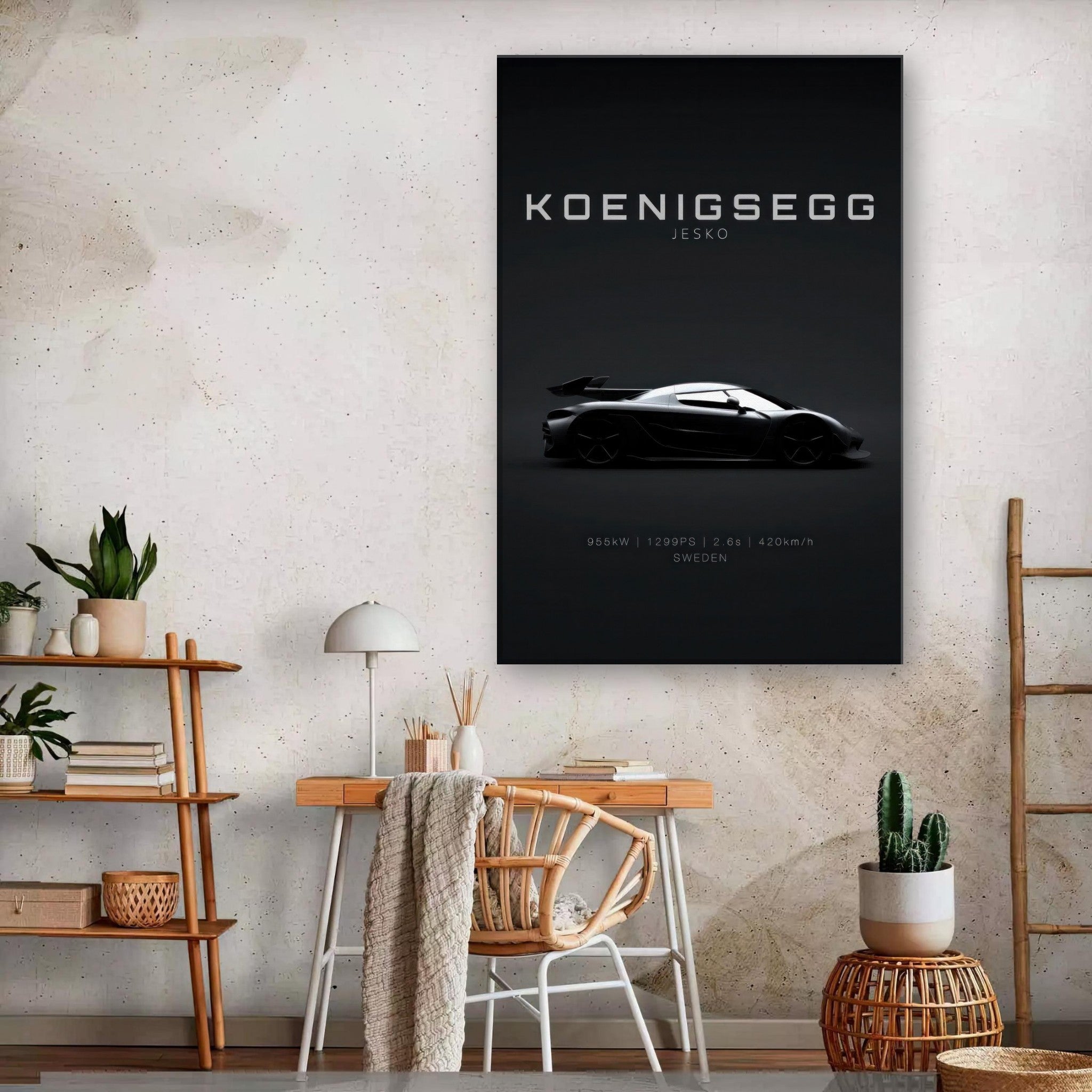Koenigsegg Jesko canvas art featuring a sleek silhouette on a minimalistic black background.
