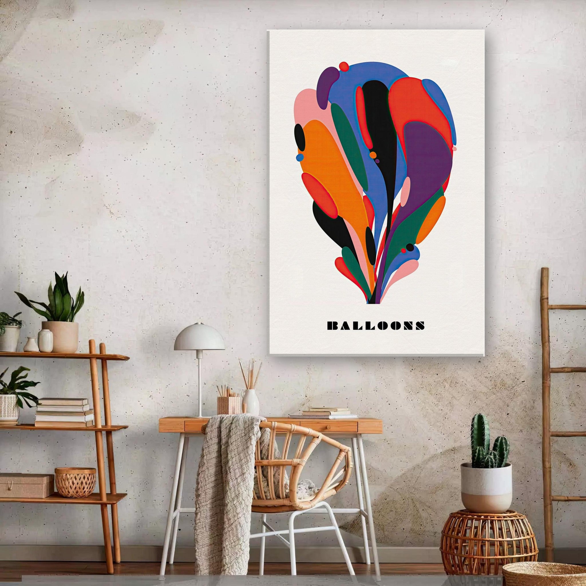 Abstract Balloon Art Canvas Print featuring vibrant colors and fluid shapes in a modern decor setting.