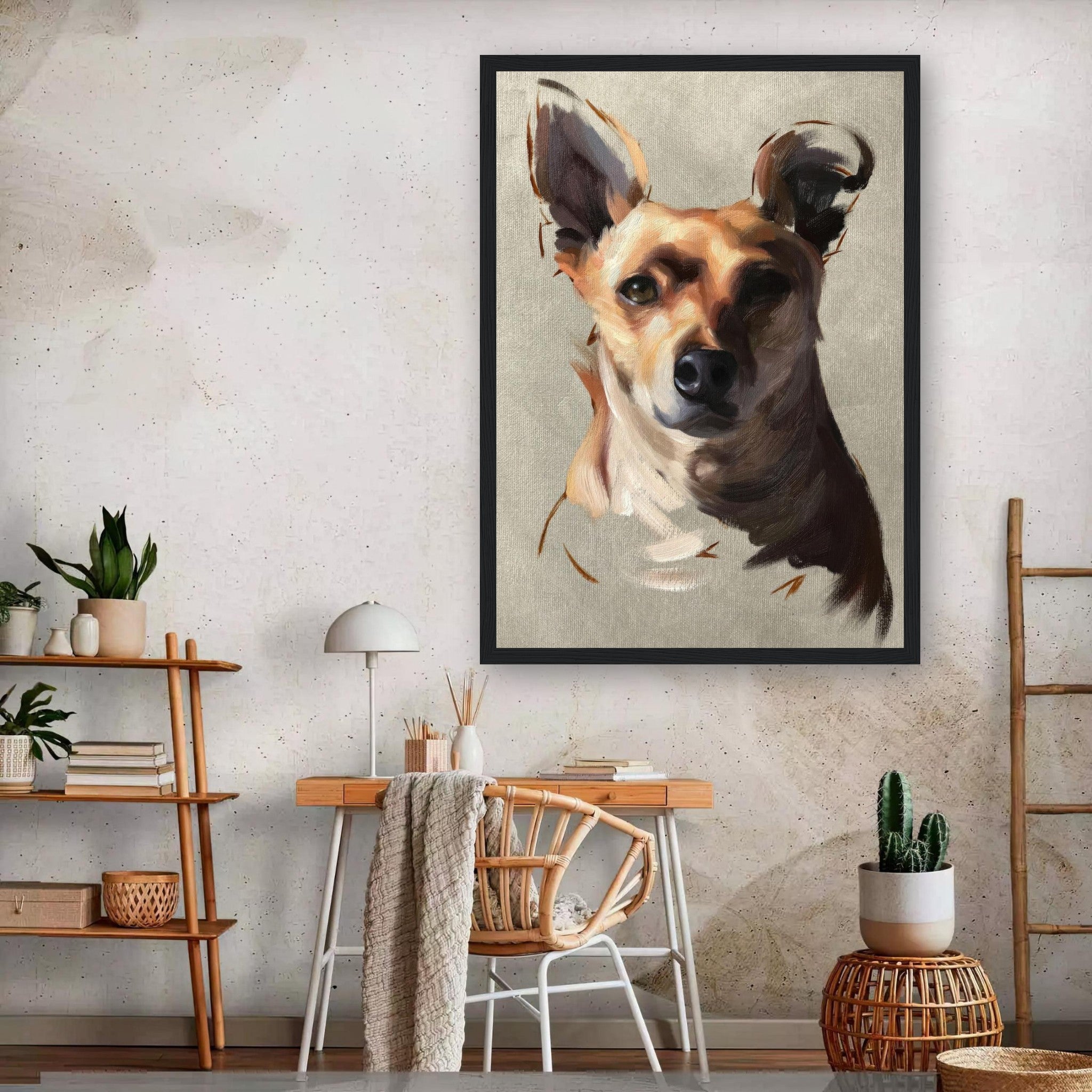 Charming framed Chihuahua dog painting in a stylish interior setting, showcasing expressive brushstrokes and warm colors.