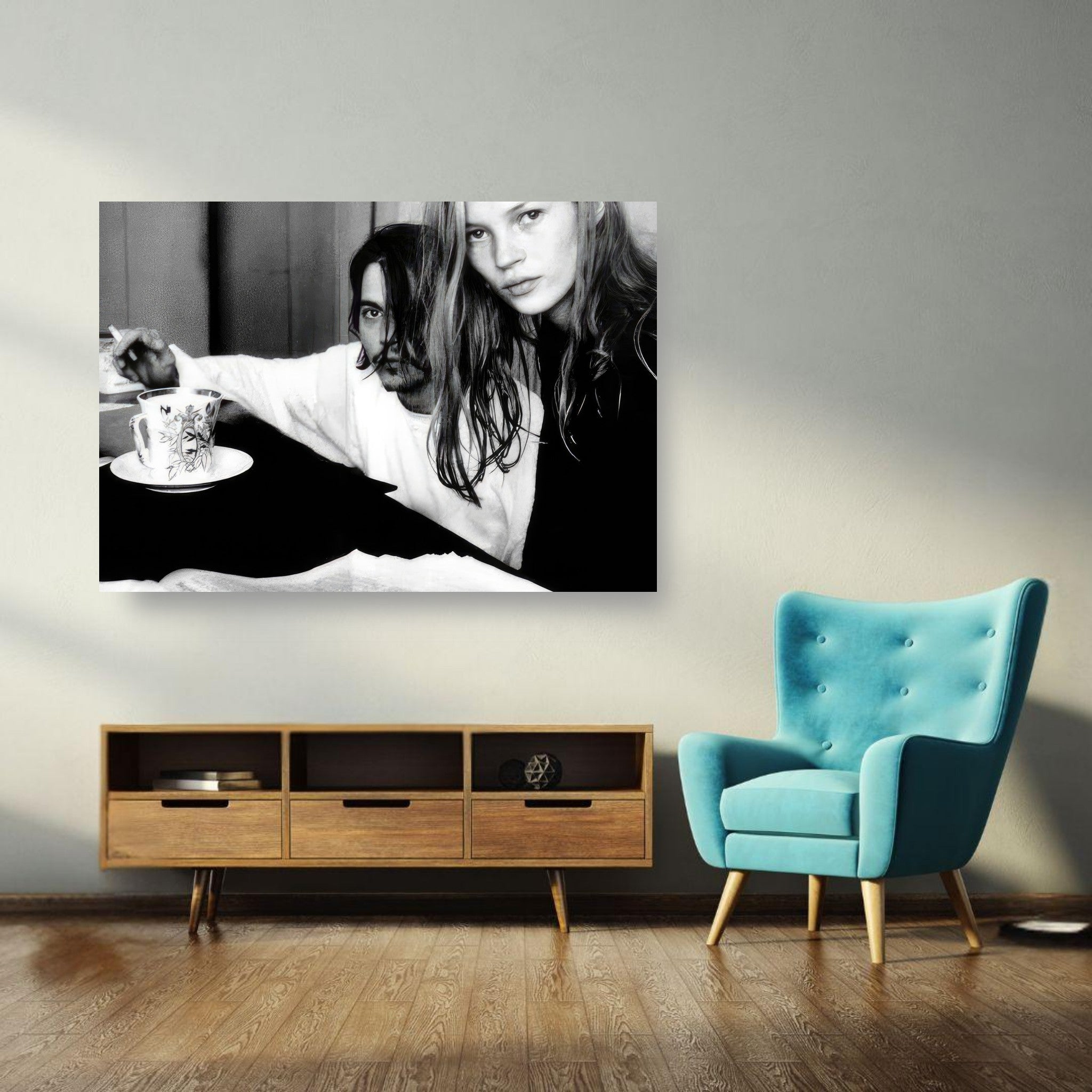 Rebel Romance metal print featuring Johnny Depp and Kate Moss in a 1994 black-and-white intimate moment.