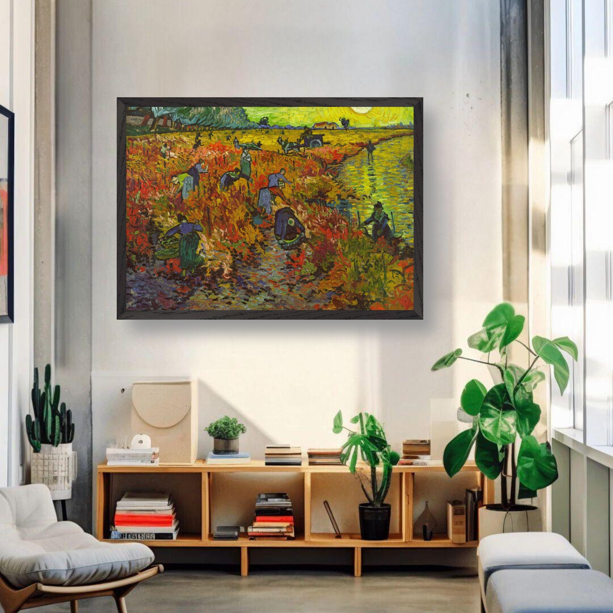 The Red Vineyard by Van Gogh framed art print in a modern living room with warm hues of autumn.