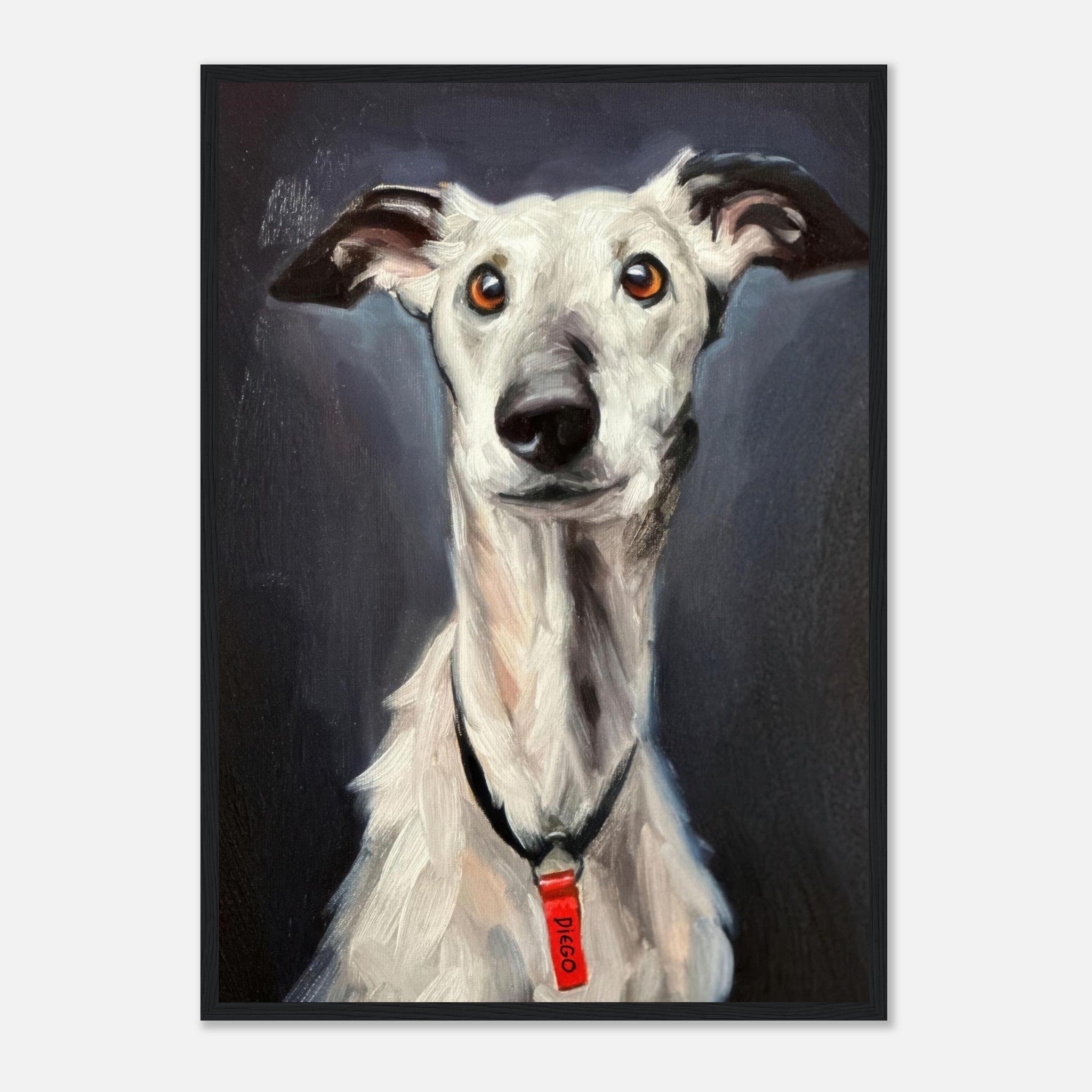 Framed print of a greyhound dog with soulful expression and detailed brushwork, perfect for home décor.
