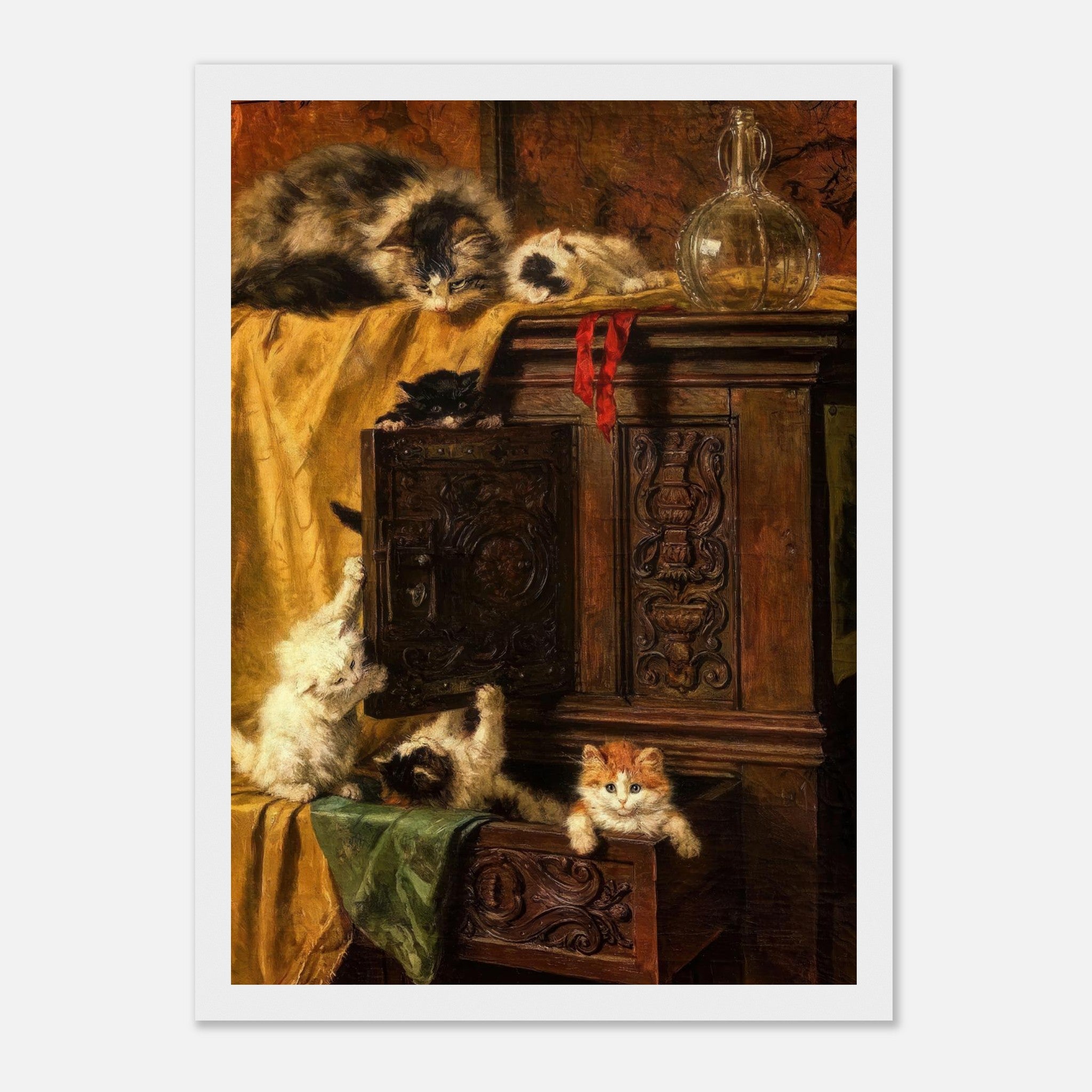 Vintage cat painting framed print featuring playful kittens exploring an antique wooden cabinet.