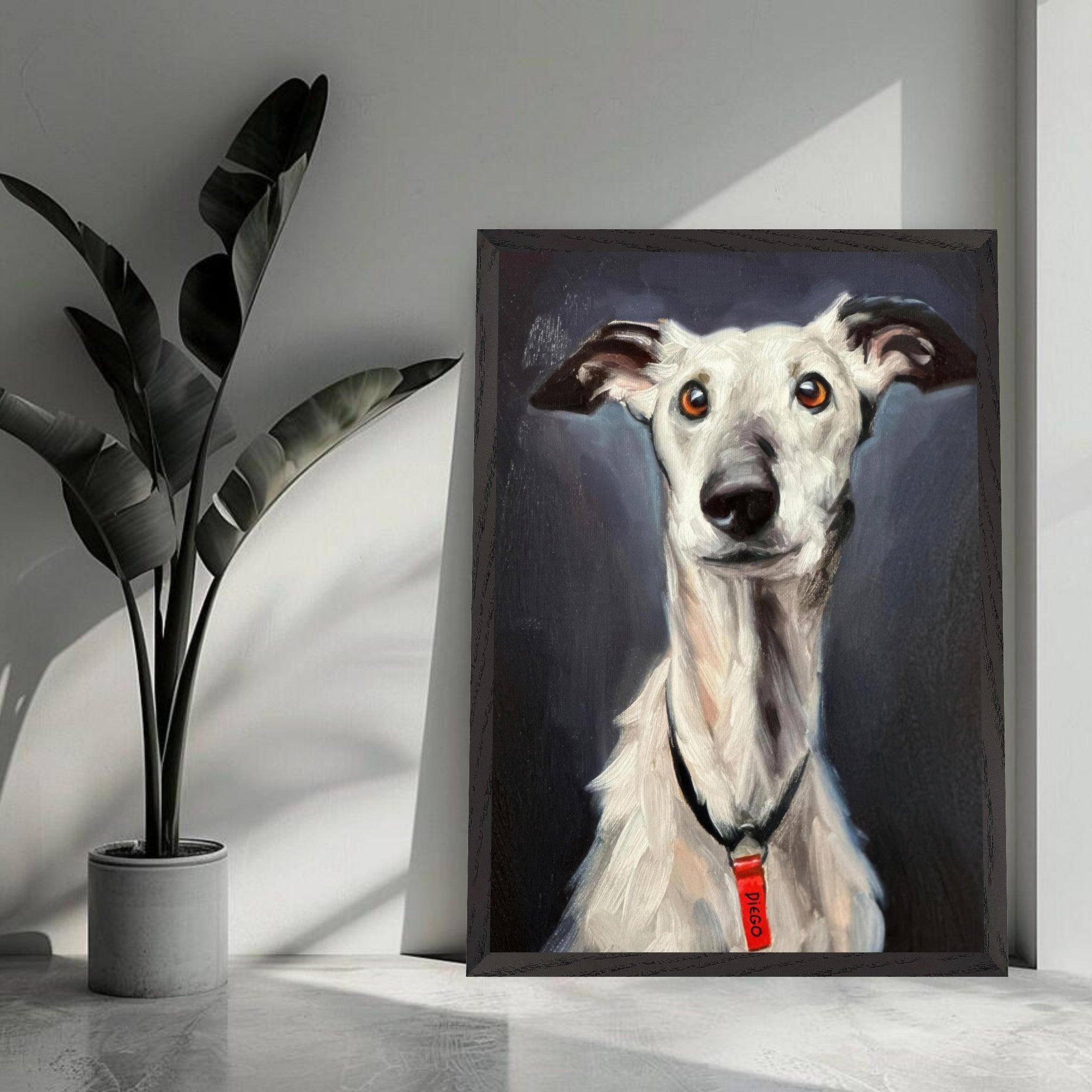Elegant Greyhound dog painting framed, showcasing expressive eyes and museum-quality fine art.