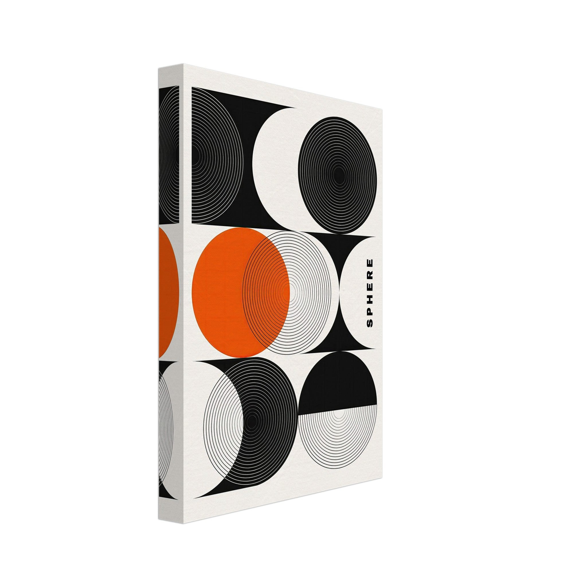 Abstract geometric art print with black, white, and orange circles on canvas, perfect for modern home decor.
