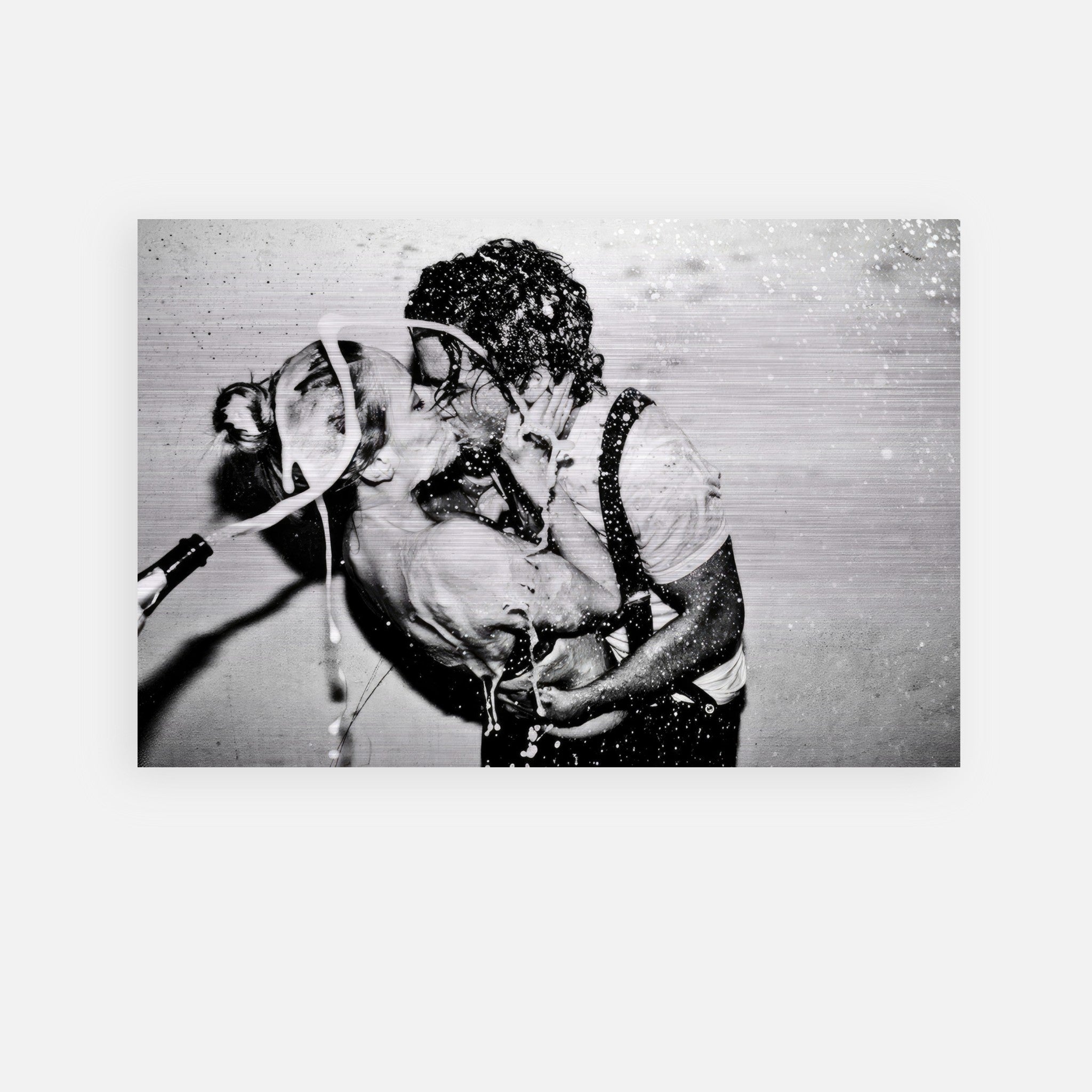 The Champagne Kiss print featuring Johnny Depp and Kate Moss embracing in black-and-white, captured by Tyler Shields.