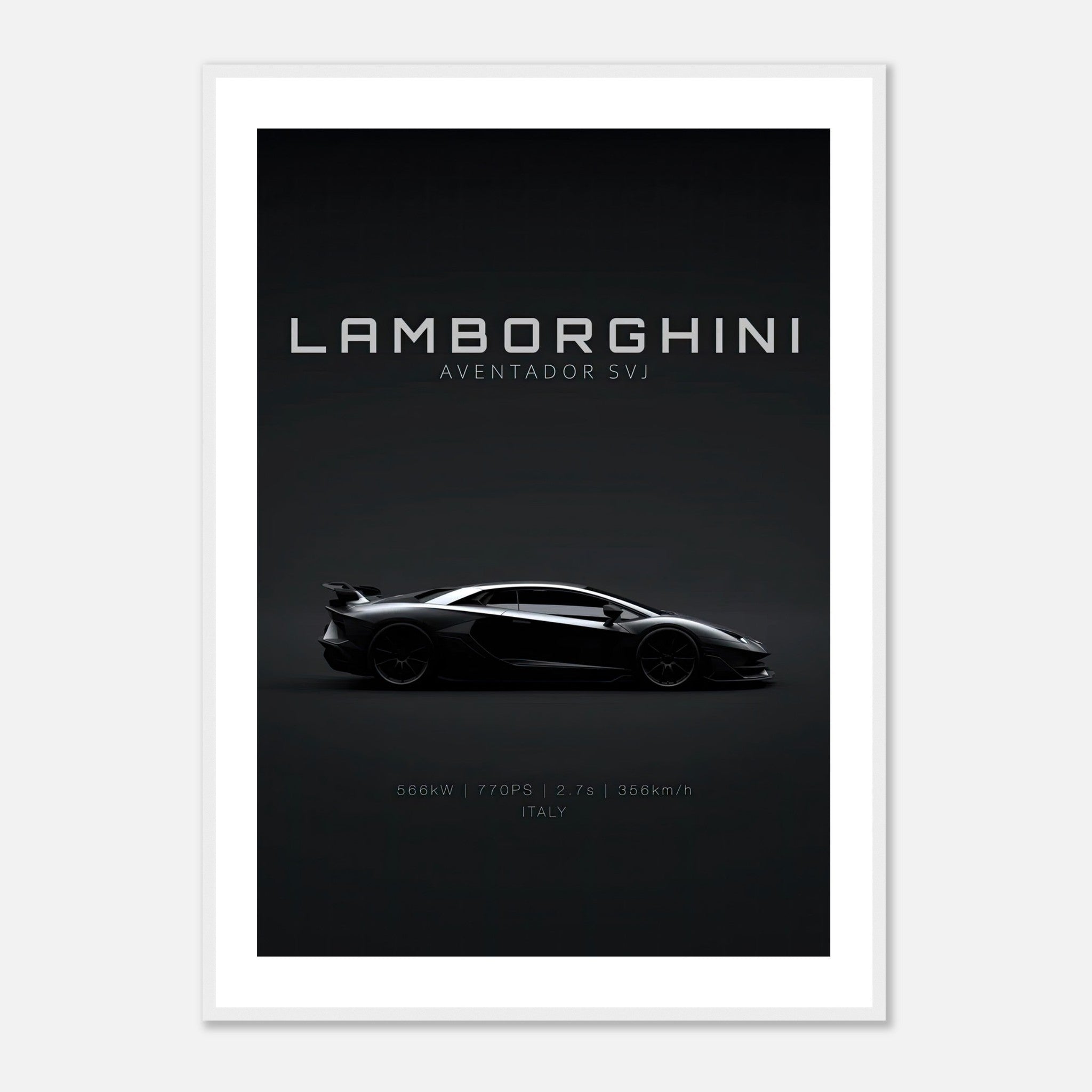 Lamborghini Aventador SVJ framed poster featuring sleek design and detailed specifications.