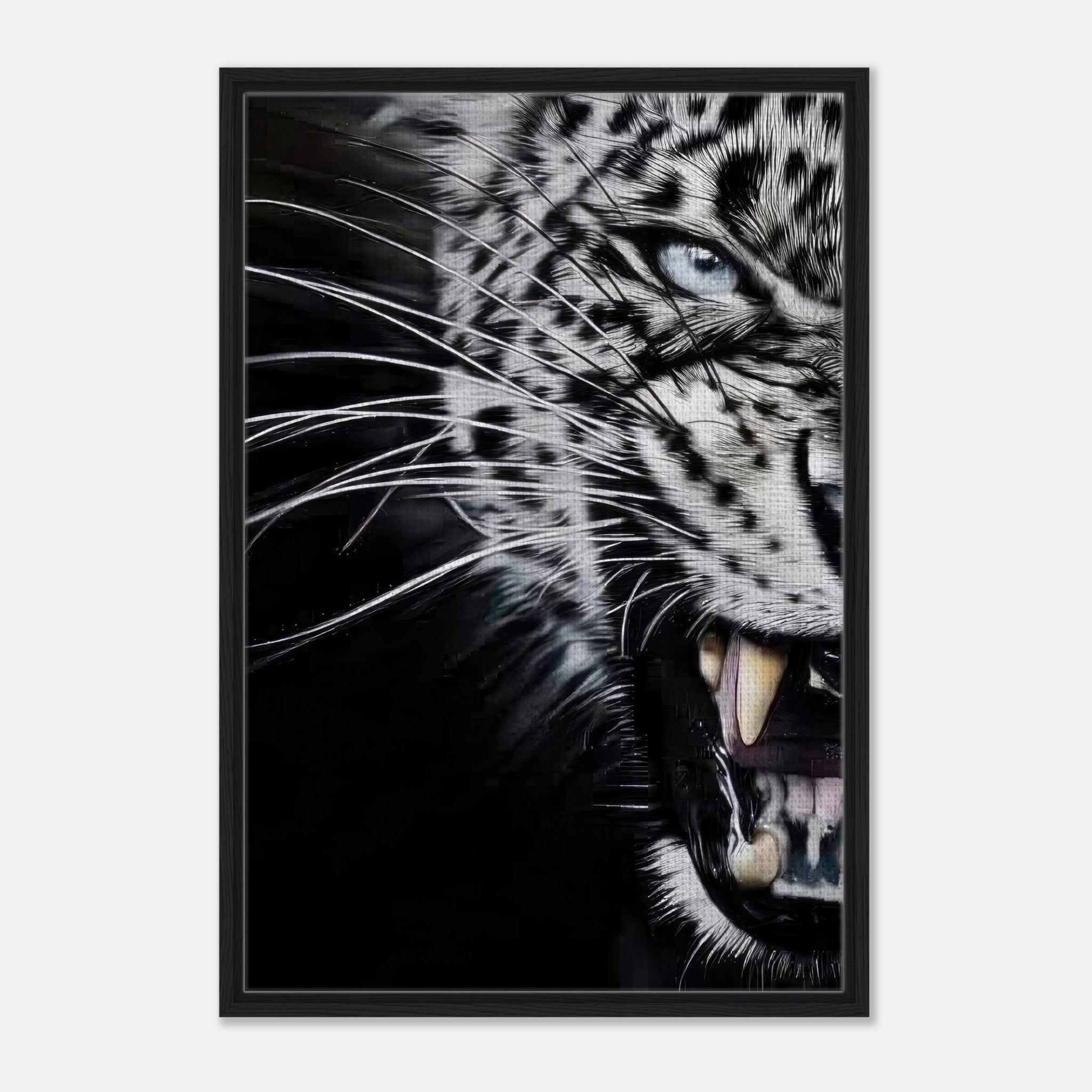 Leopard close-up portrait framed canvas print showcasing fierce intensity and intricate details.