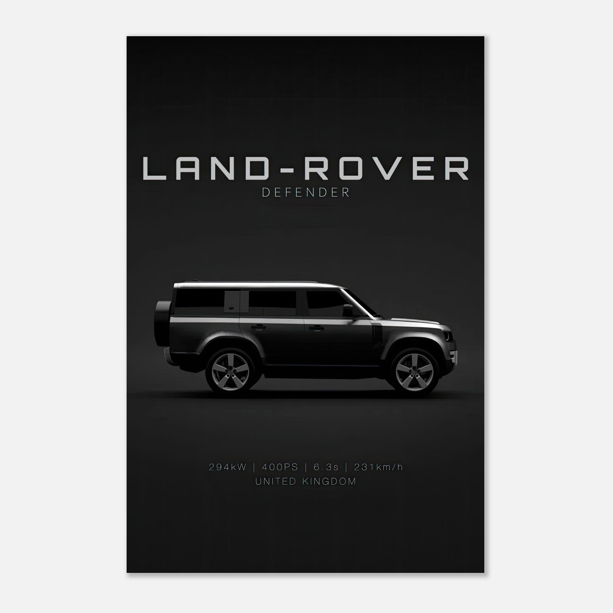 Land Rover Defender metal print showcasing a sleek profile on a bold black background.
