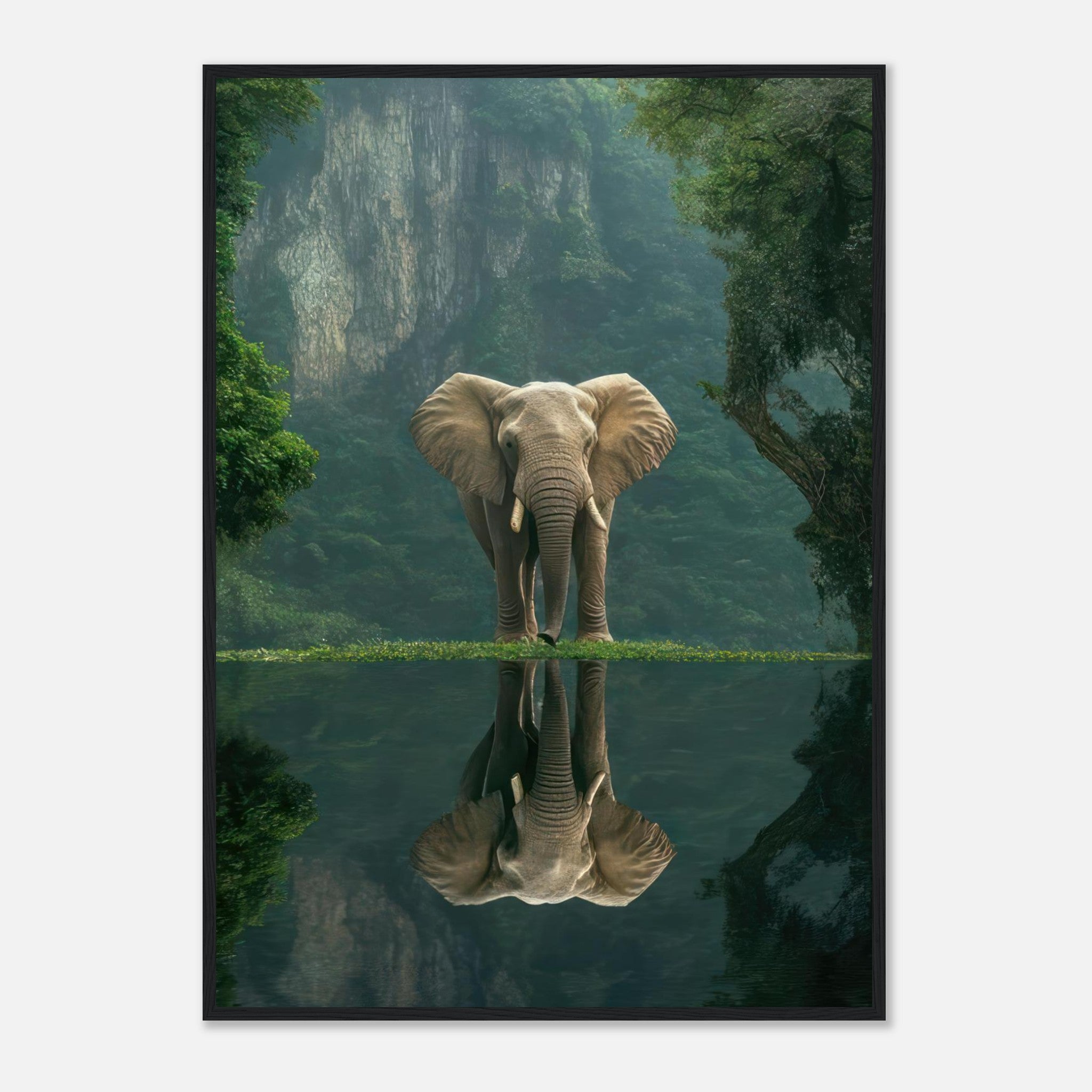 Jungle Elephant Portrait Framed Print featuring a majestic elephant reflecting on serene waters.