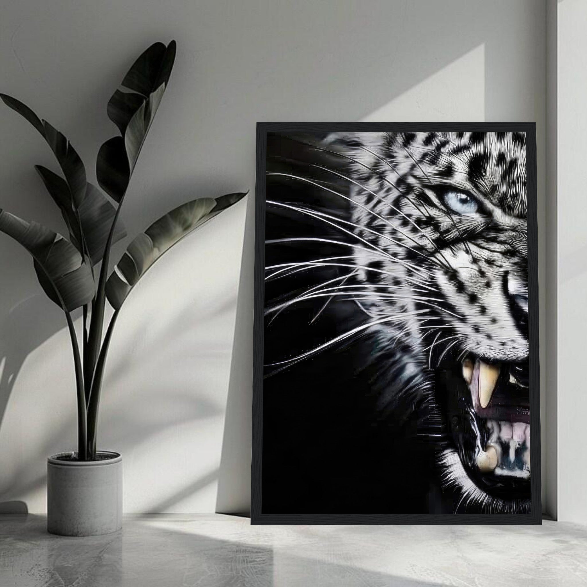 Close-up portrait of a fierce leopard print framed, highlighting detail in the eyes and fangs.