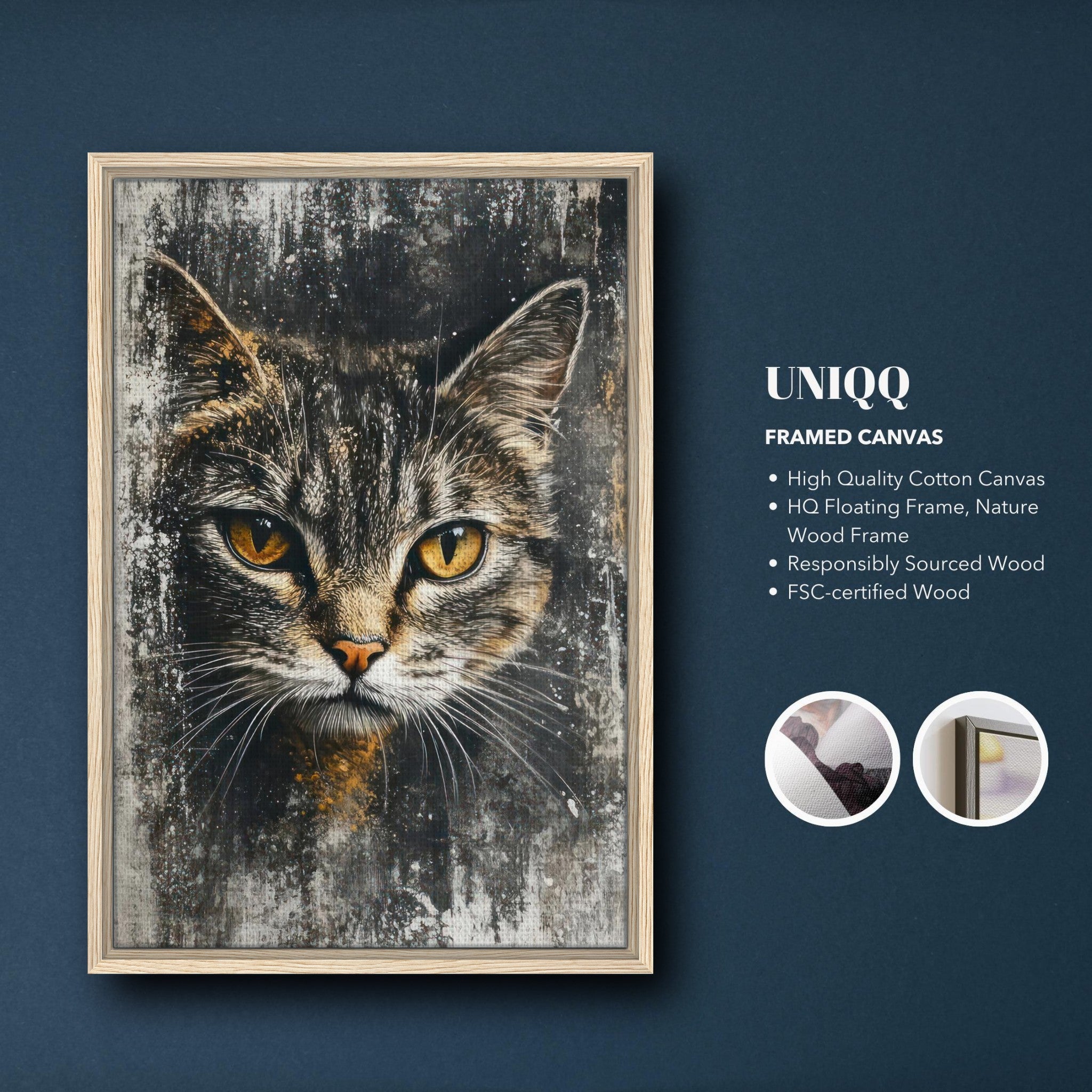 Framed canvas print of a cat's face, showcasing intense gaze and rich textures, adding elegance to home decor.