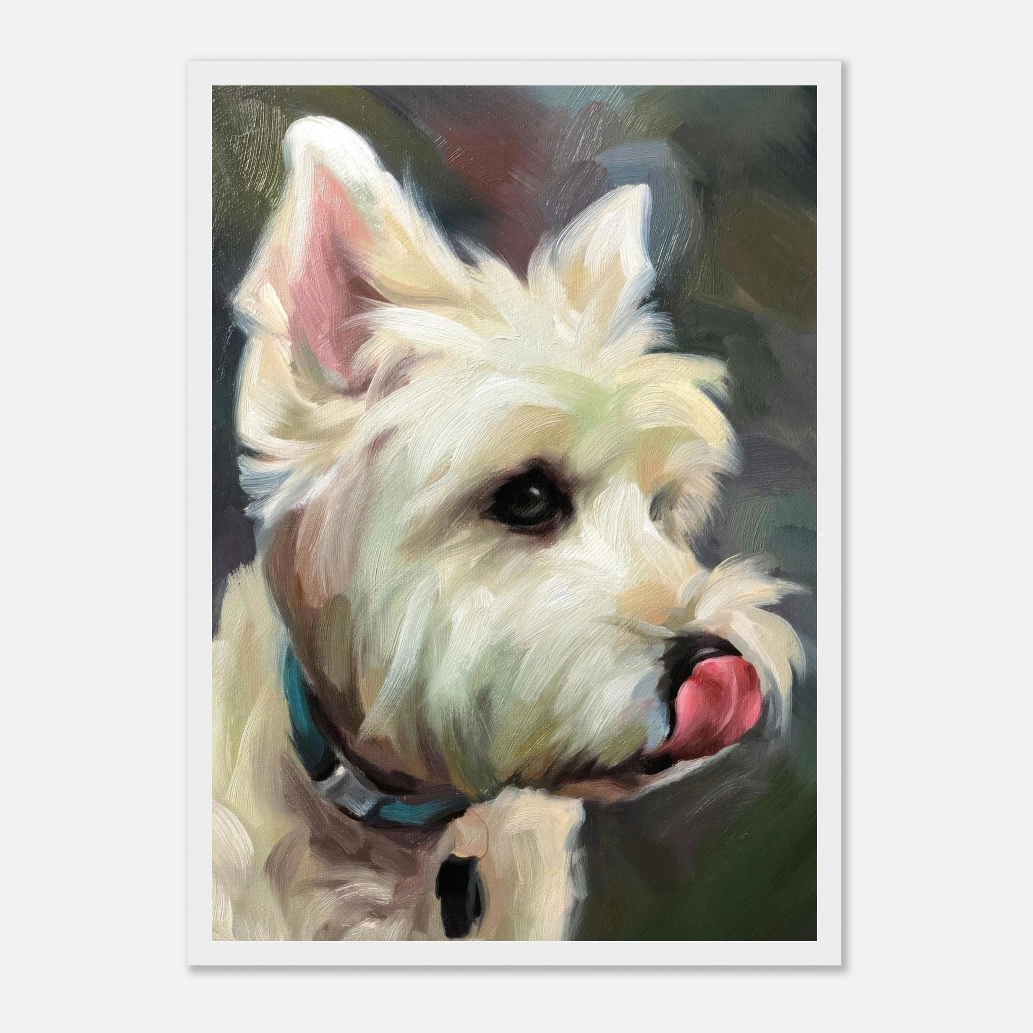 Westie Dog Painting Framed Print showcasing an expressive West Highland Terrier with lively colors and rich brushstrokes.