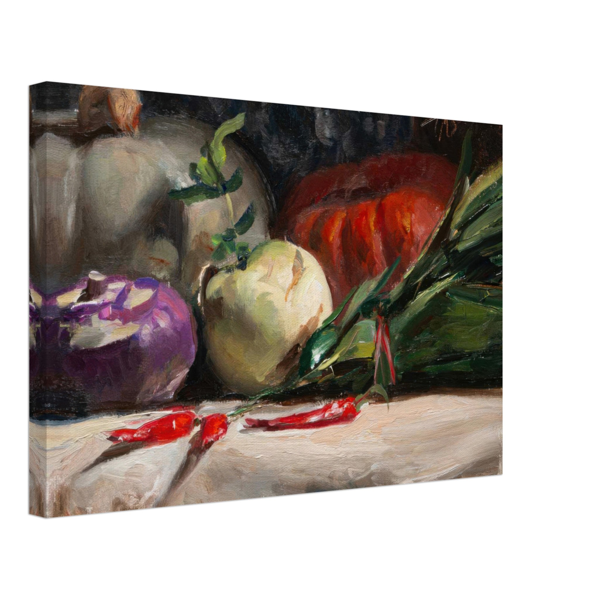 Still life canvas print of kohlrabi, pumpkins, and red chilis, showcasing vibrant farm-fresh vegetables.
