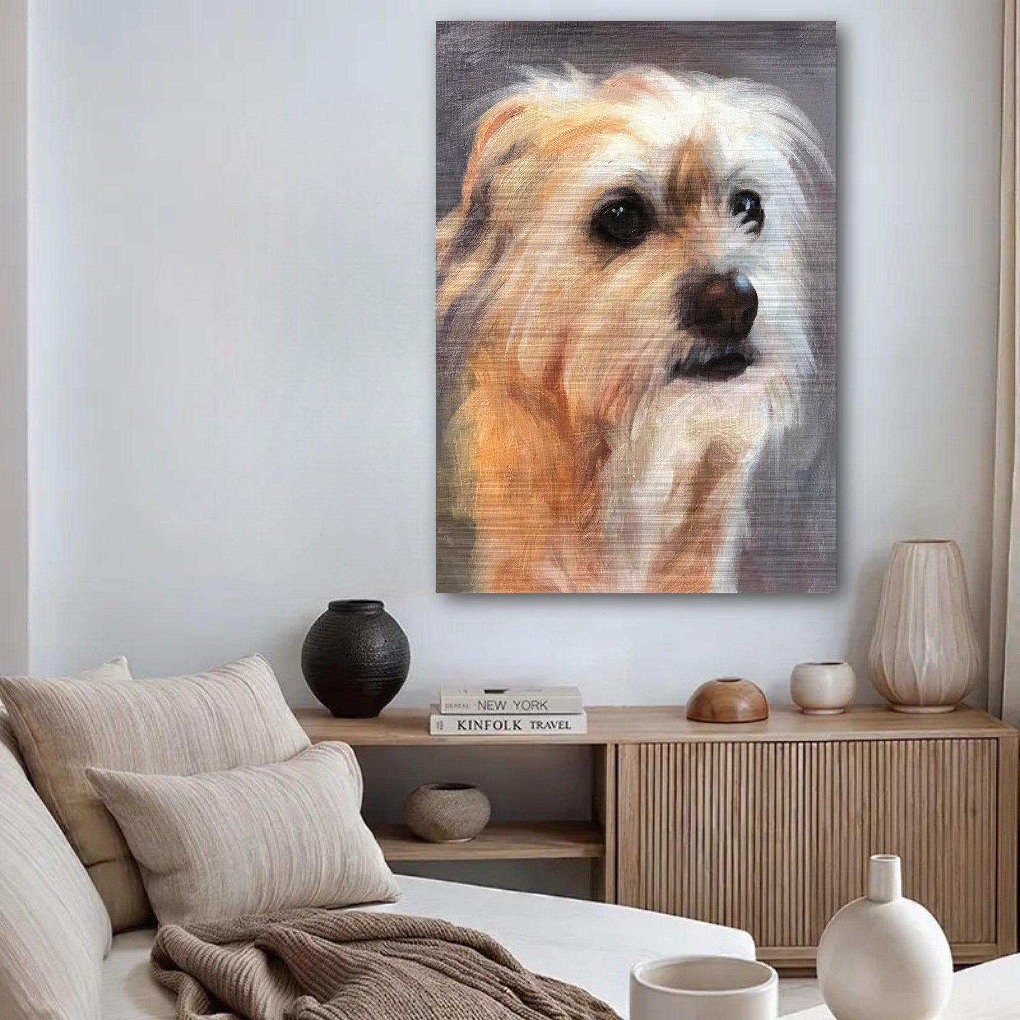 Terrier dog painting on brushed metal, showcasing detailed fur and expressive eyes in a modern living room setting.