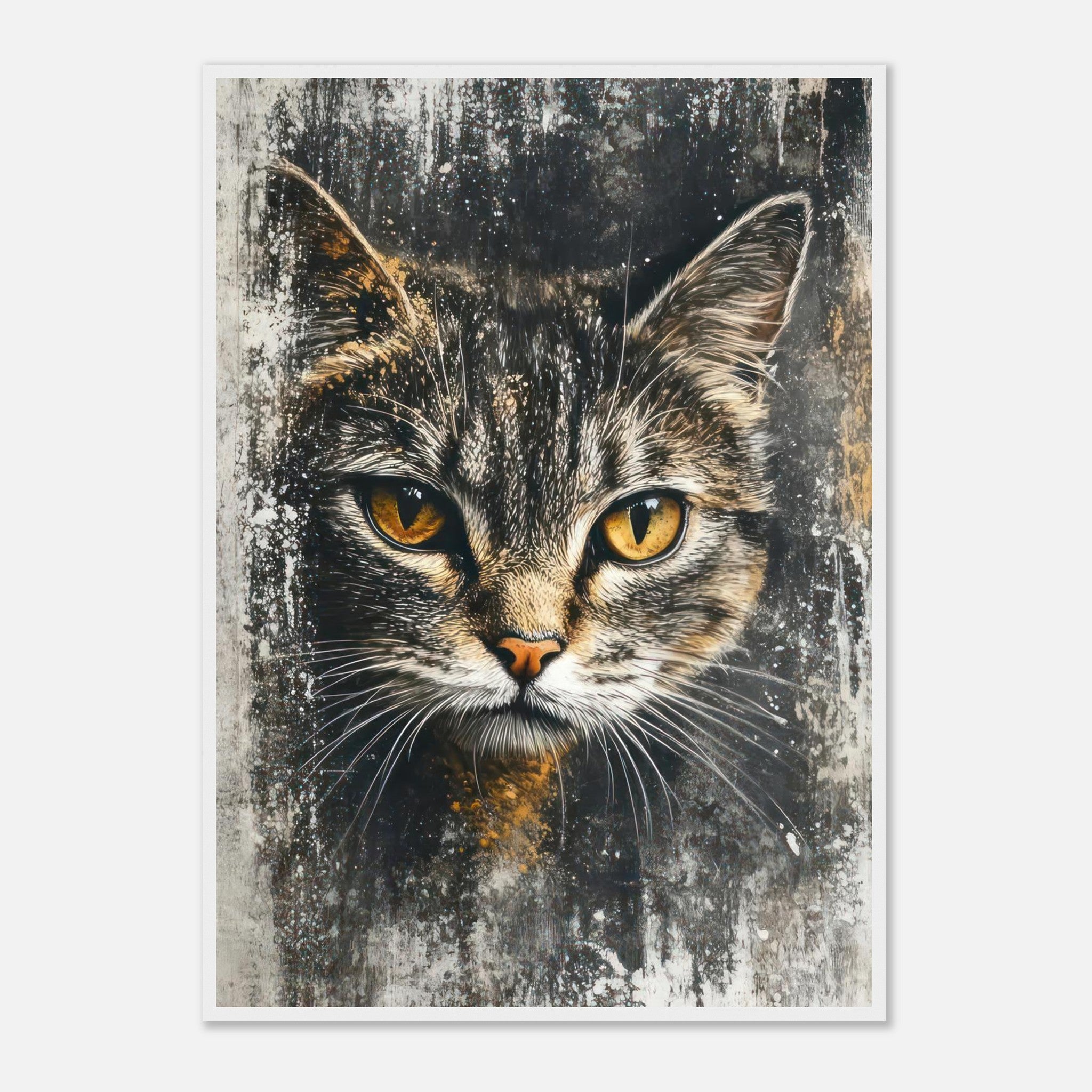 Close-up cat painting artwork with golden eyes and textured background in a framed print.
