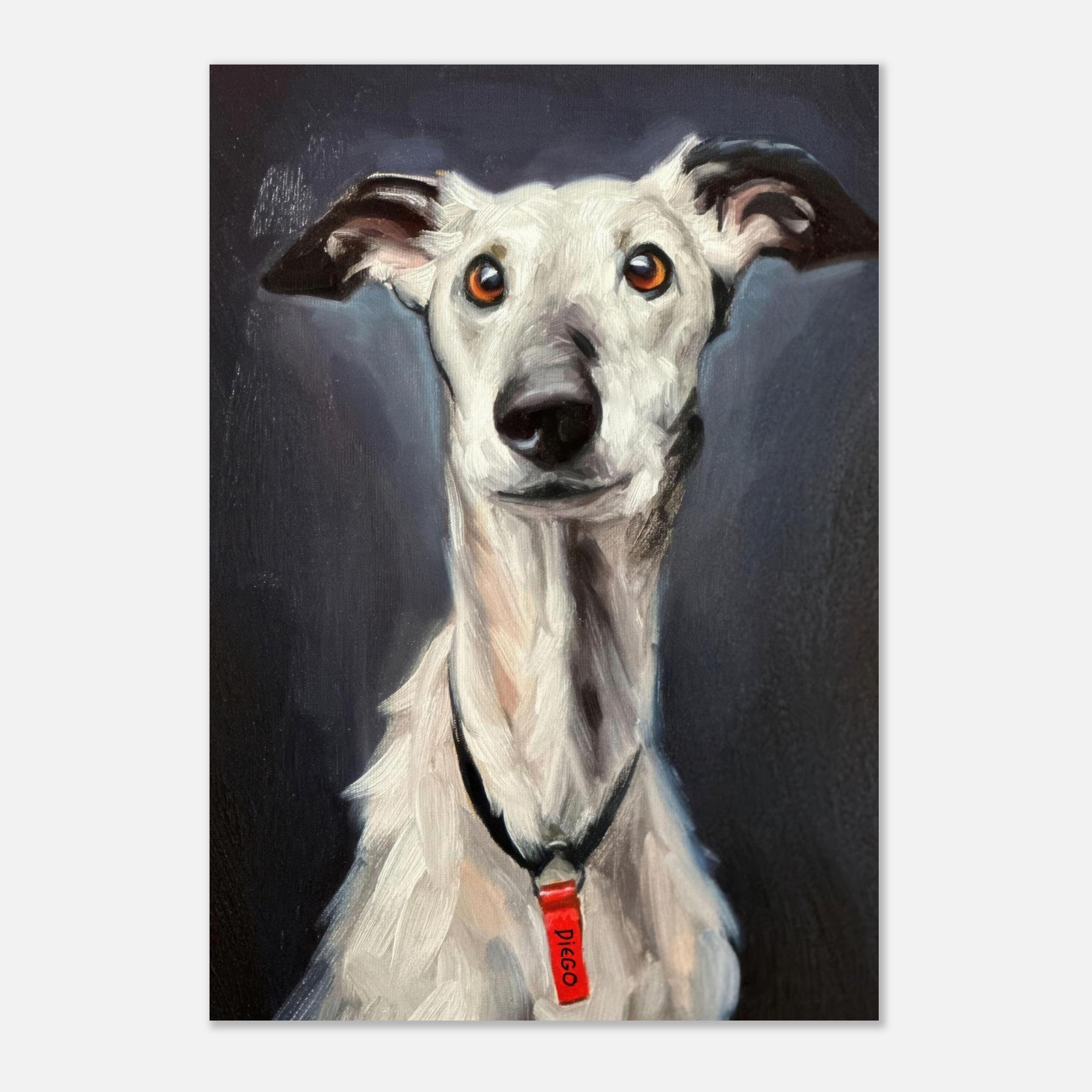 Greyhound dog painting on metal print, showcasing elegant features and expressive eyes against a dark background.