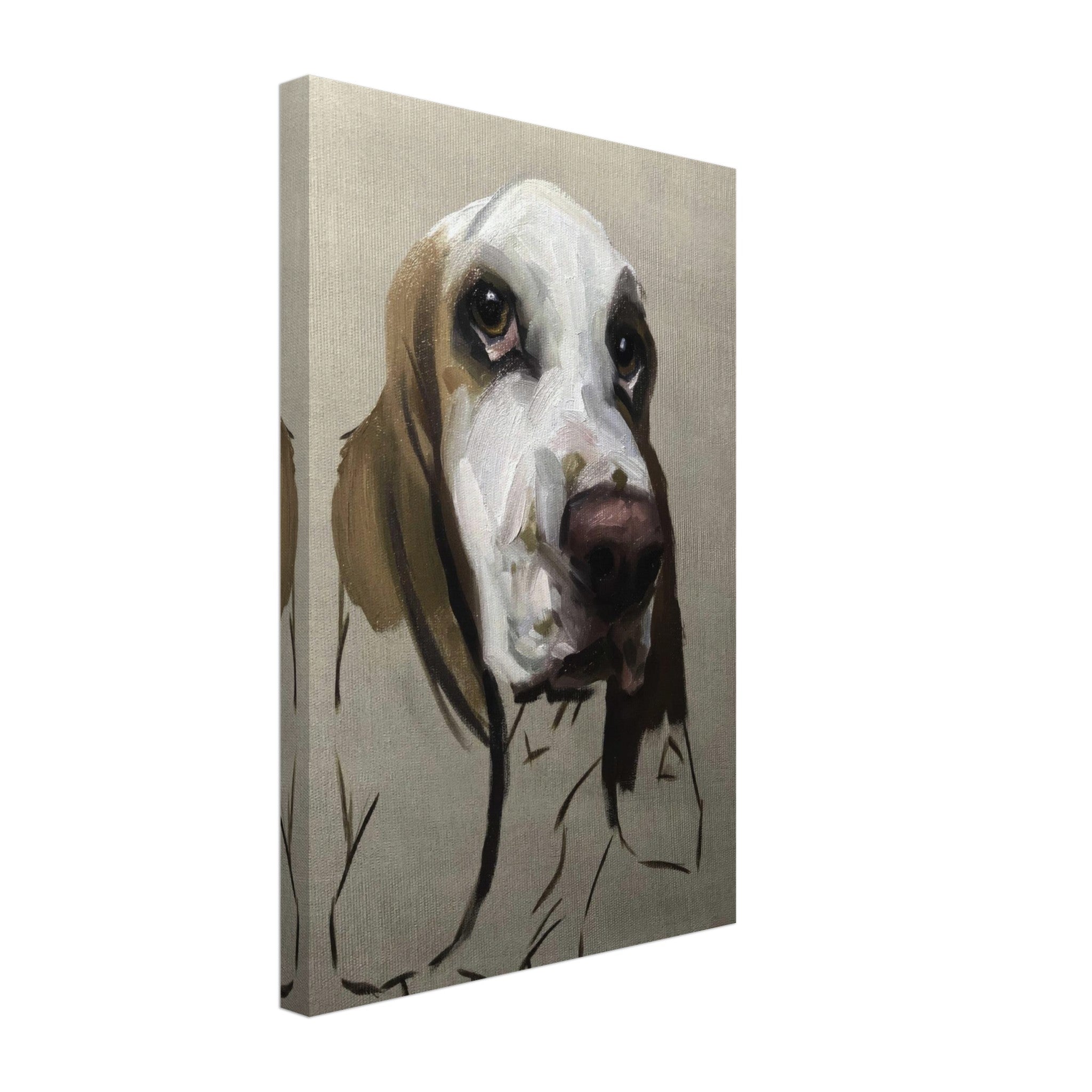 Basset Hound Dog Painting Canvas Print showcasing a detailed portrait of a soulful-faced Basset Hound.