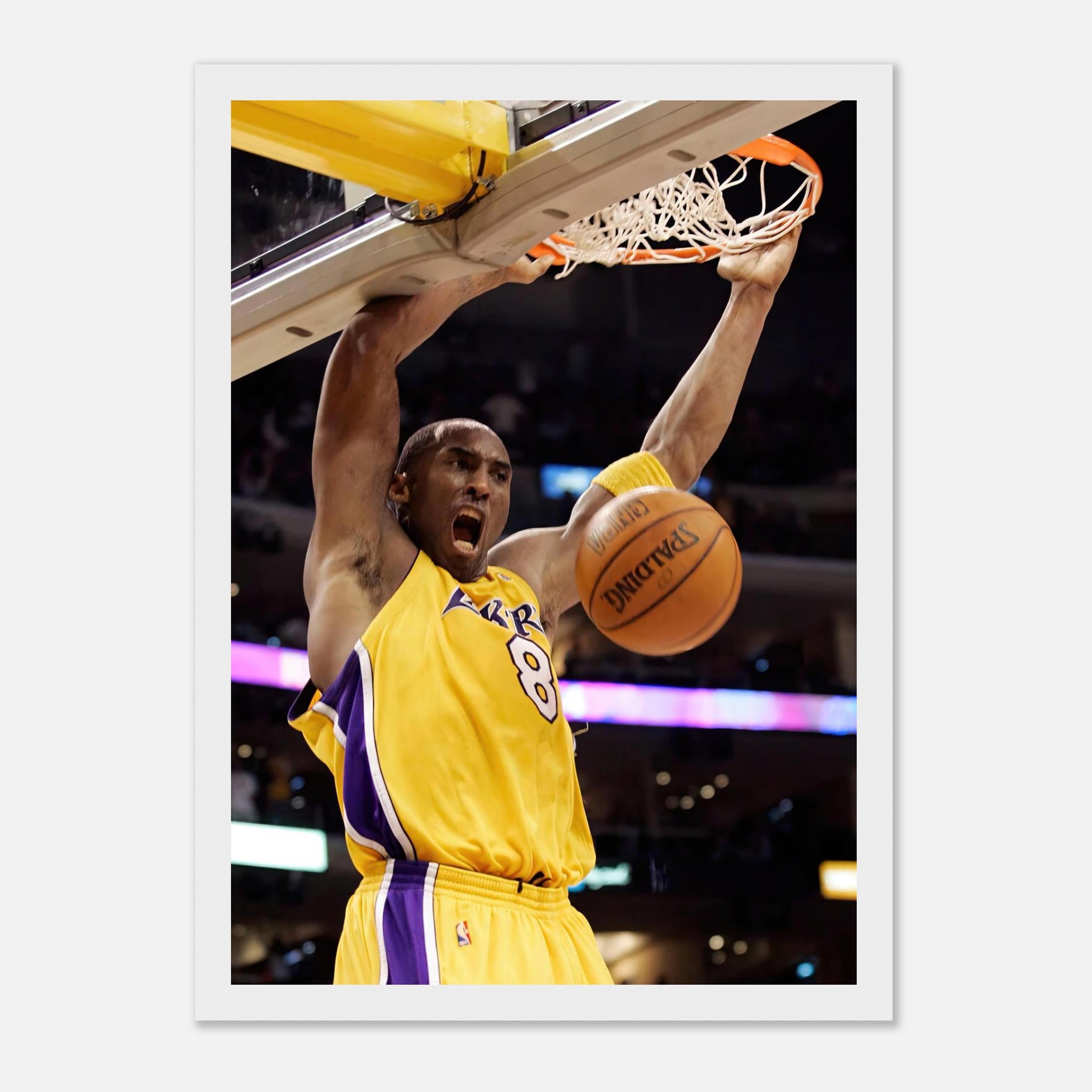 Kobe Bryant iconic slam dunk framed print showcasing his legendary play in Lakers colors.