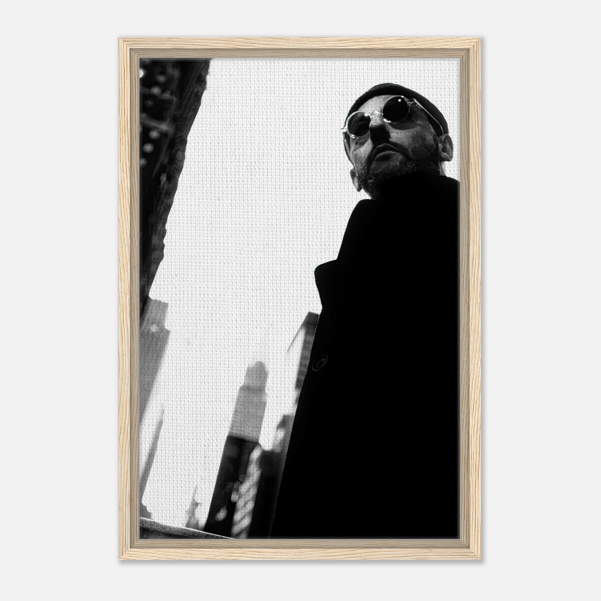 Leon Photography - Jean Reno framed canvas print, black-and-white artwork featuring a cinematic perspective.