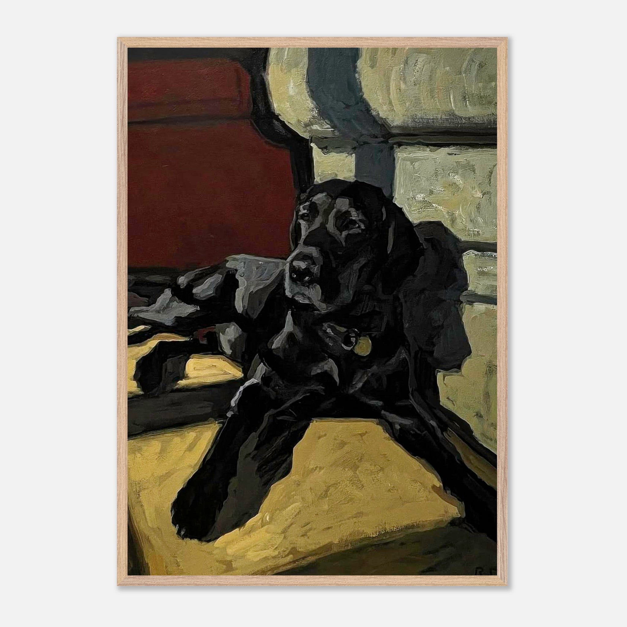 Black Labrador dog painting in vintage frame, showcasing a loyal companion basking in warm light.