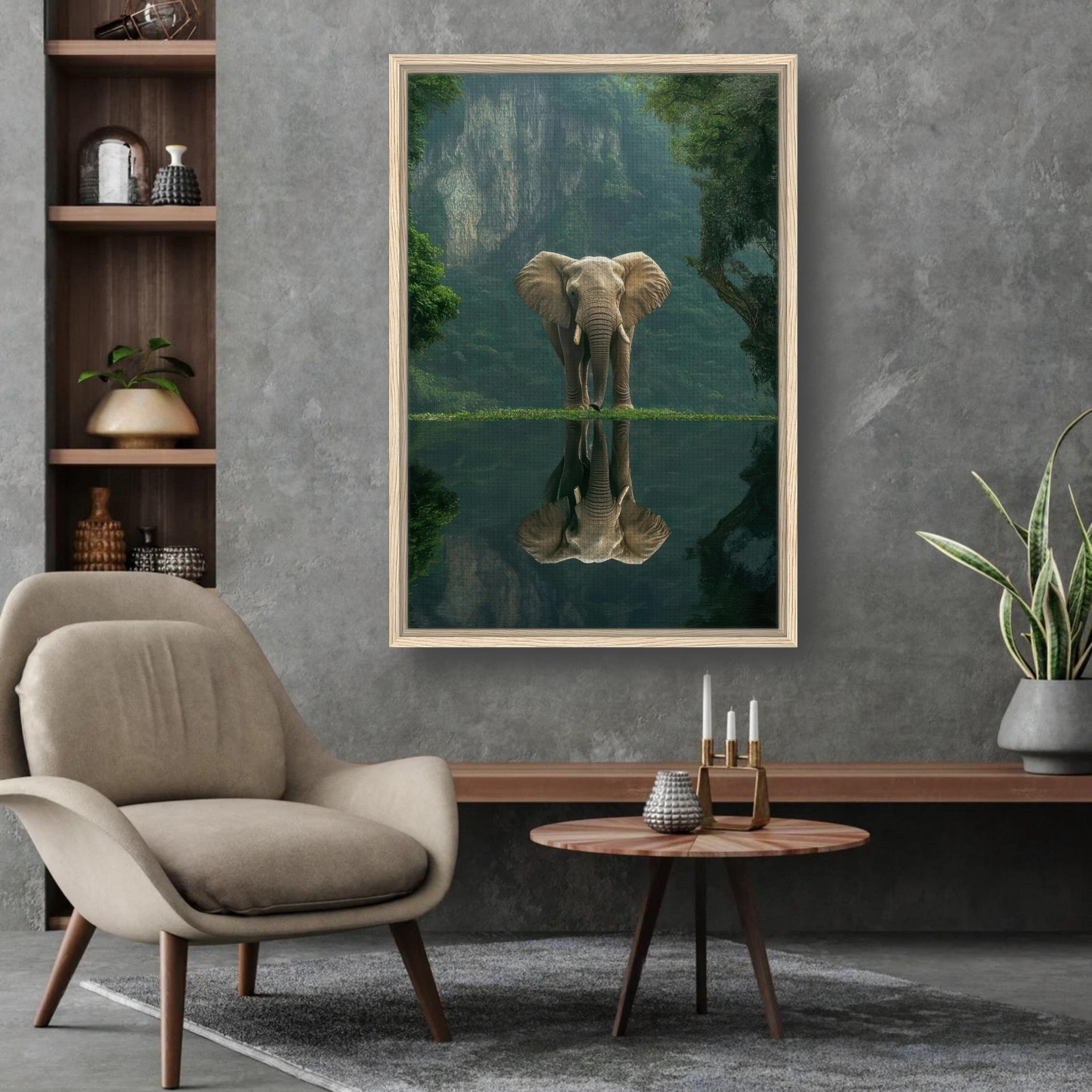 Jungle Elephant Portrait framed canvas print showcasing an elephant by water, surrounded by lush greenery.