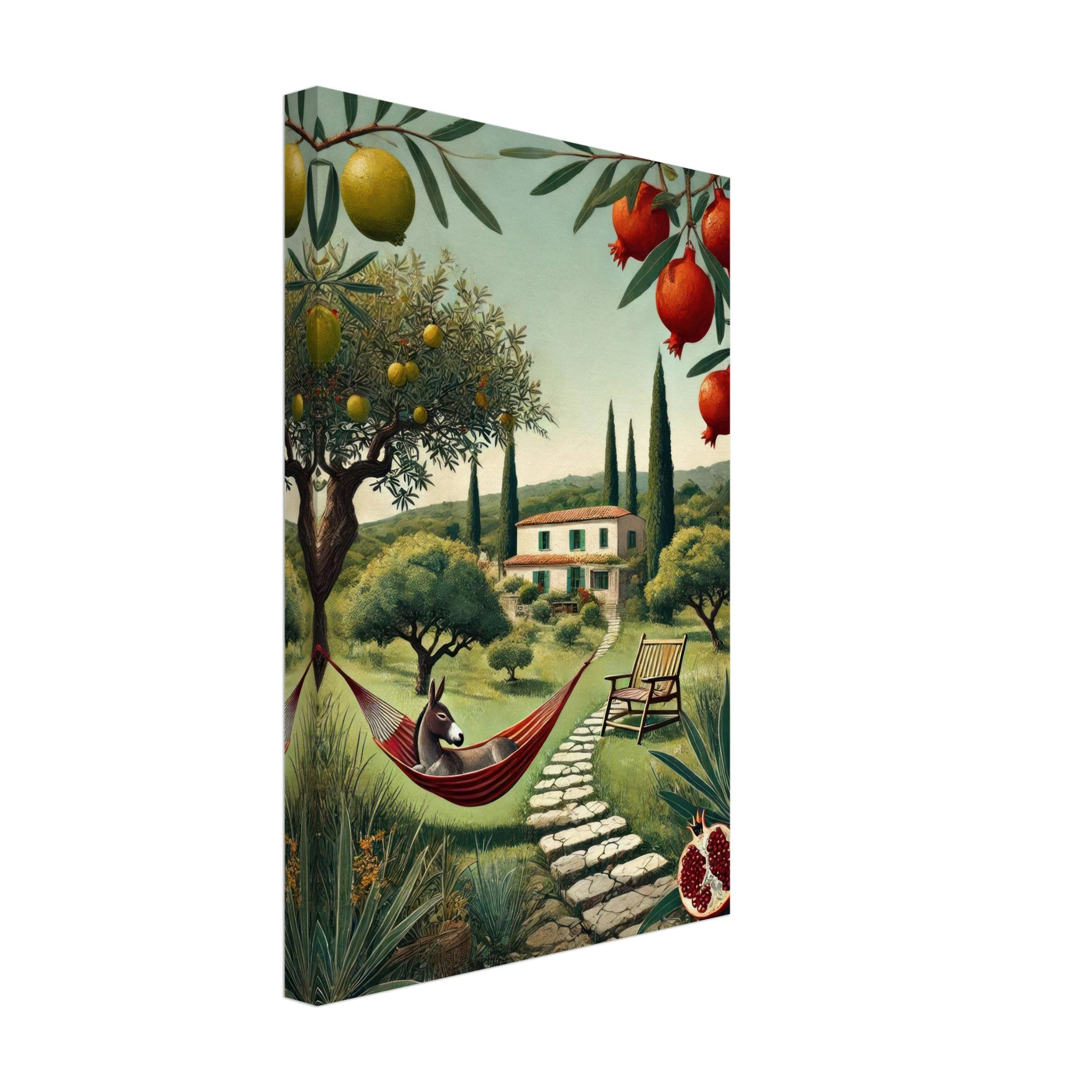 Mediterranean rural landscape canvas print featuring a hammock, villa, greenery, and fruit trees for a serene decor.
