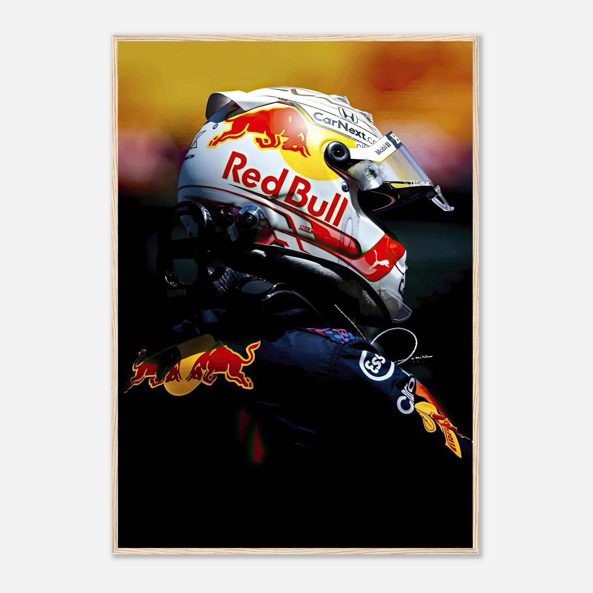 Framed print of Max Verstappen in Red Bull helmet, showcasing vibrant colors and iconic racing moment.