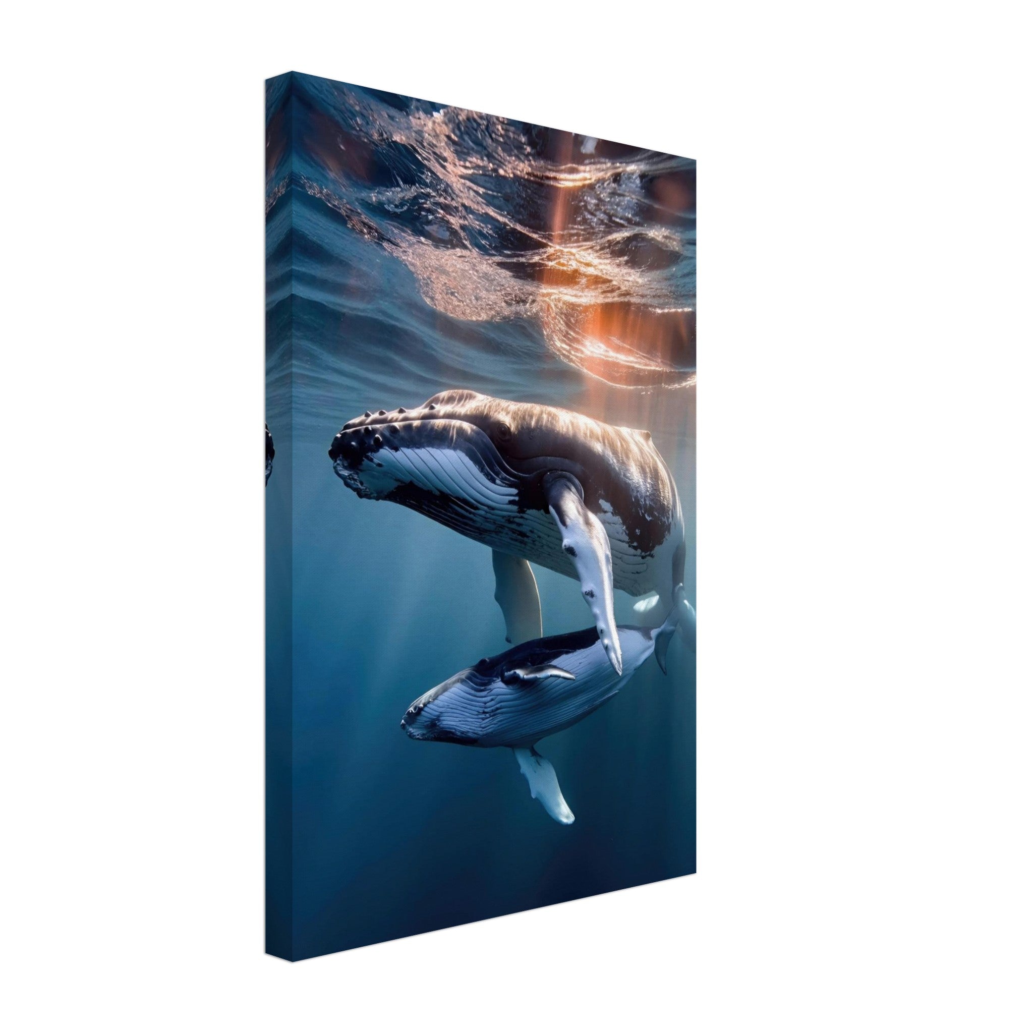 Underwater photography canvas print of a mother humpback whale and calf swimming gracefully in deep blue waters.