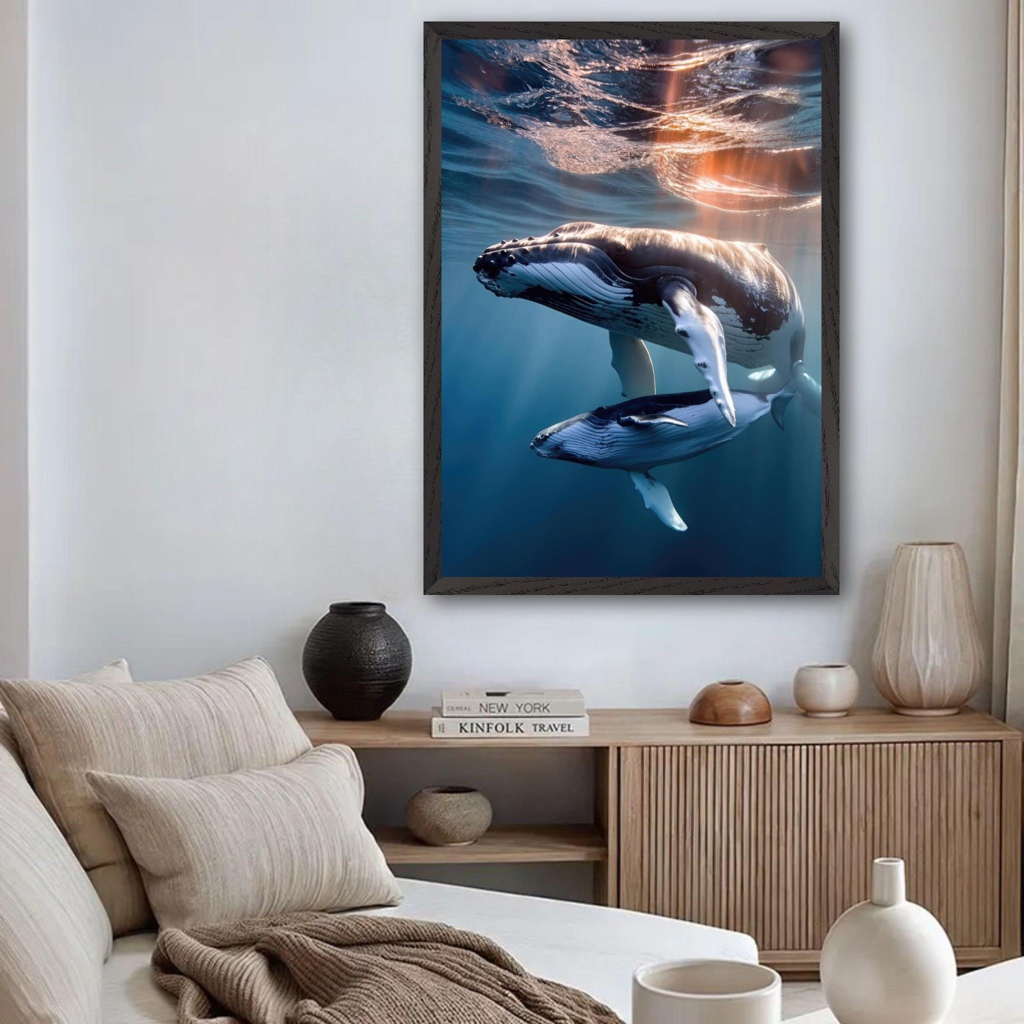 Underwater photography of a humpback whale and calf, showcasing their grace in a dreamy ocean atmosphere.